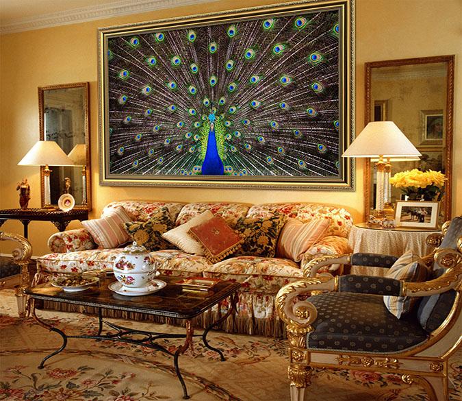 3D Peacock Open Screen 081 Fake Framed Print Painting Wallpaper AJ Creativity Home 