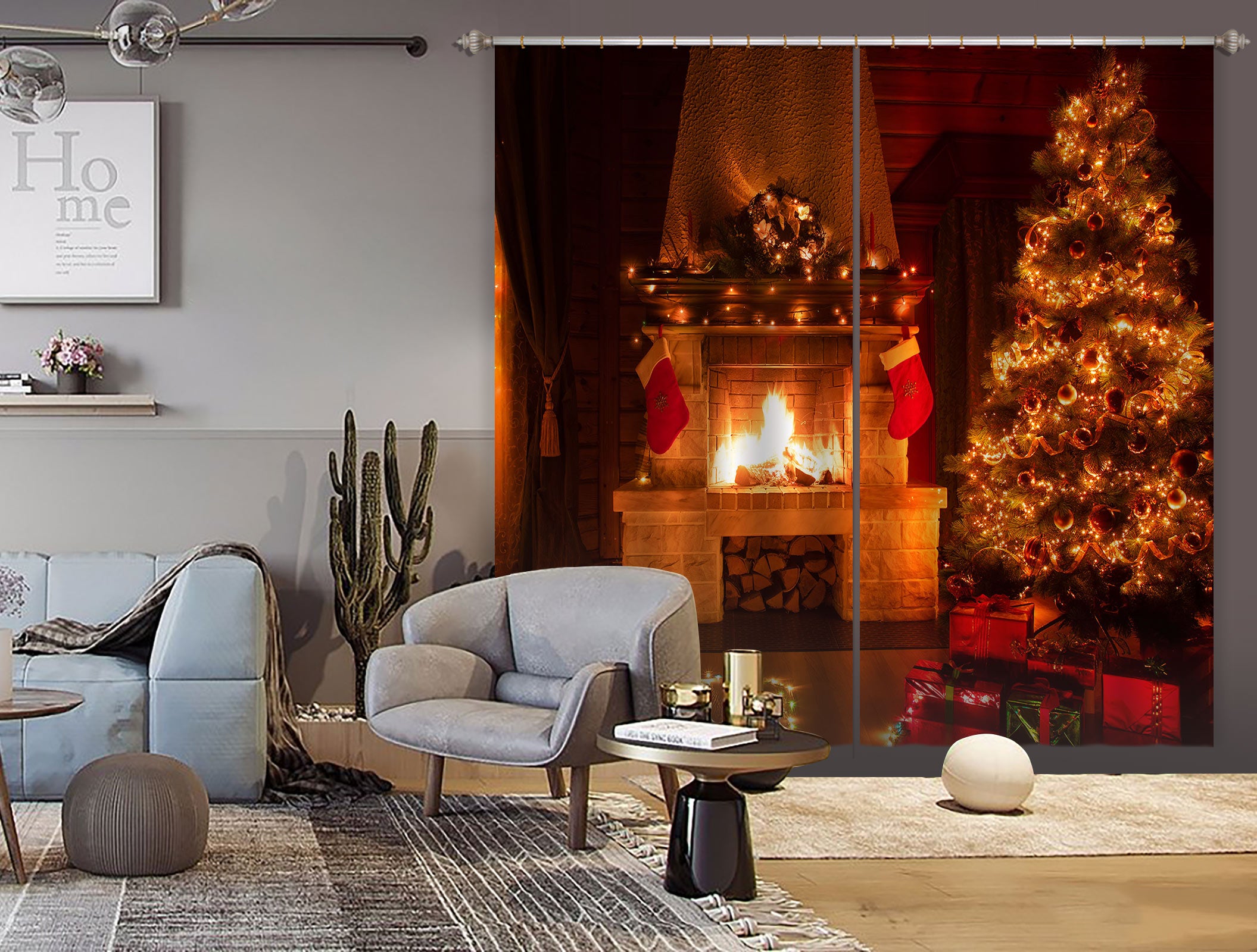 3D Fireplace Tree Sofa 52088 Christmas Curtains Drapes Xmas