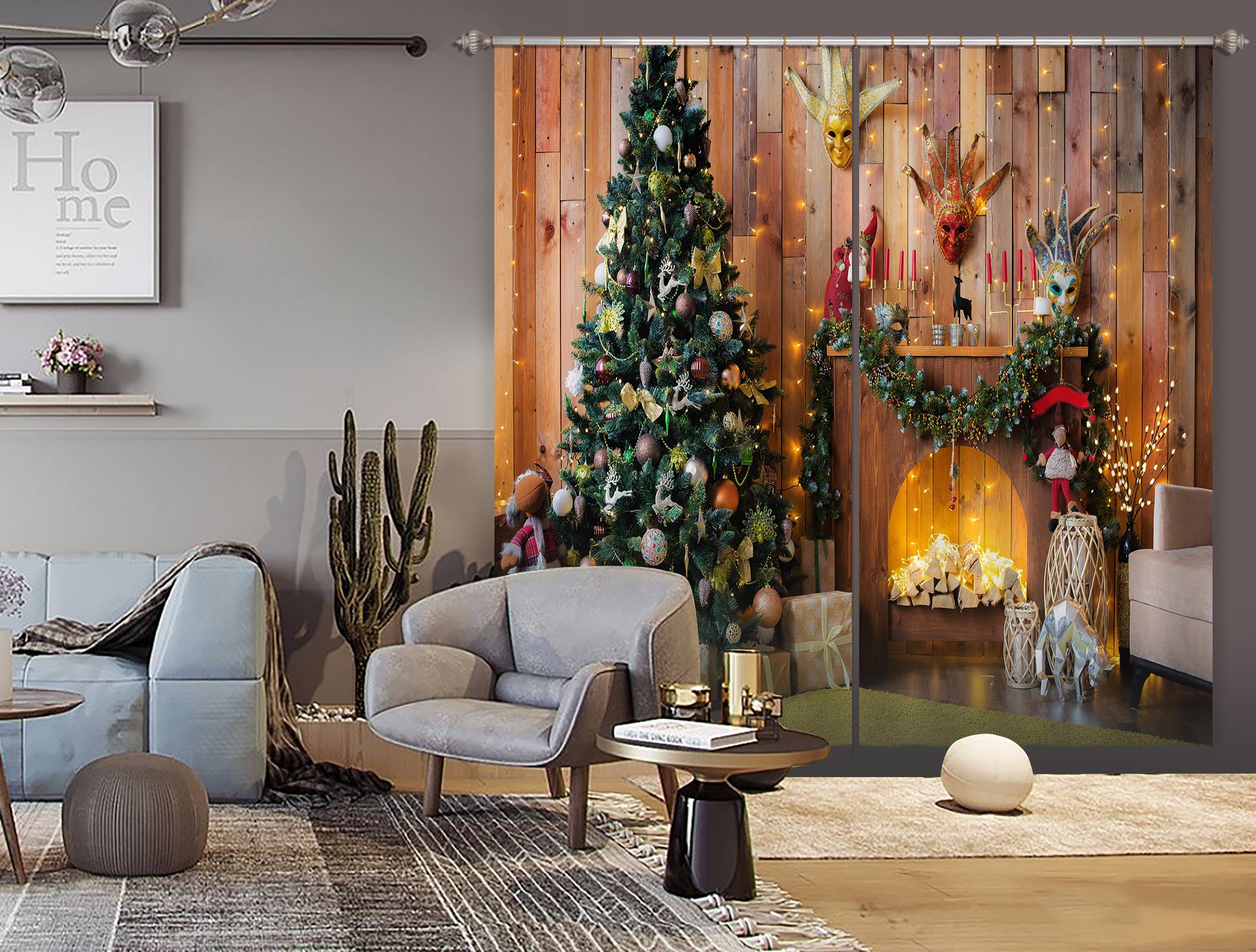 3D Tree Fireplace 52075 Christmas Curtains Drapes Xmas
