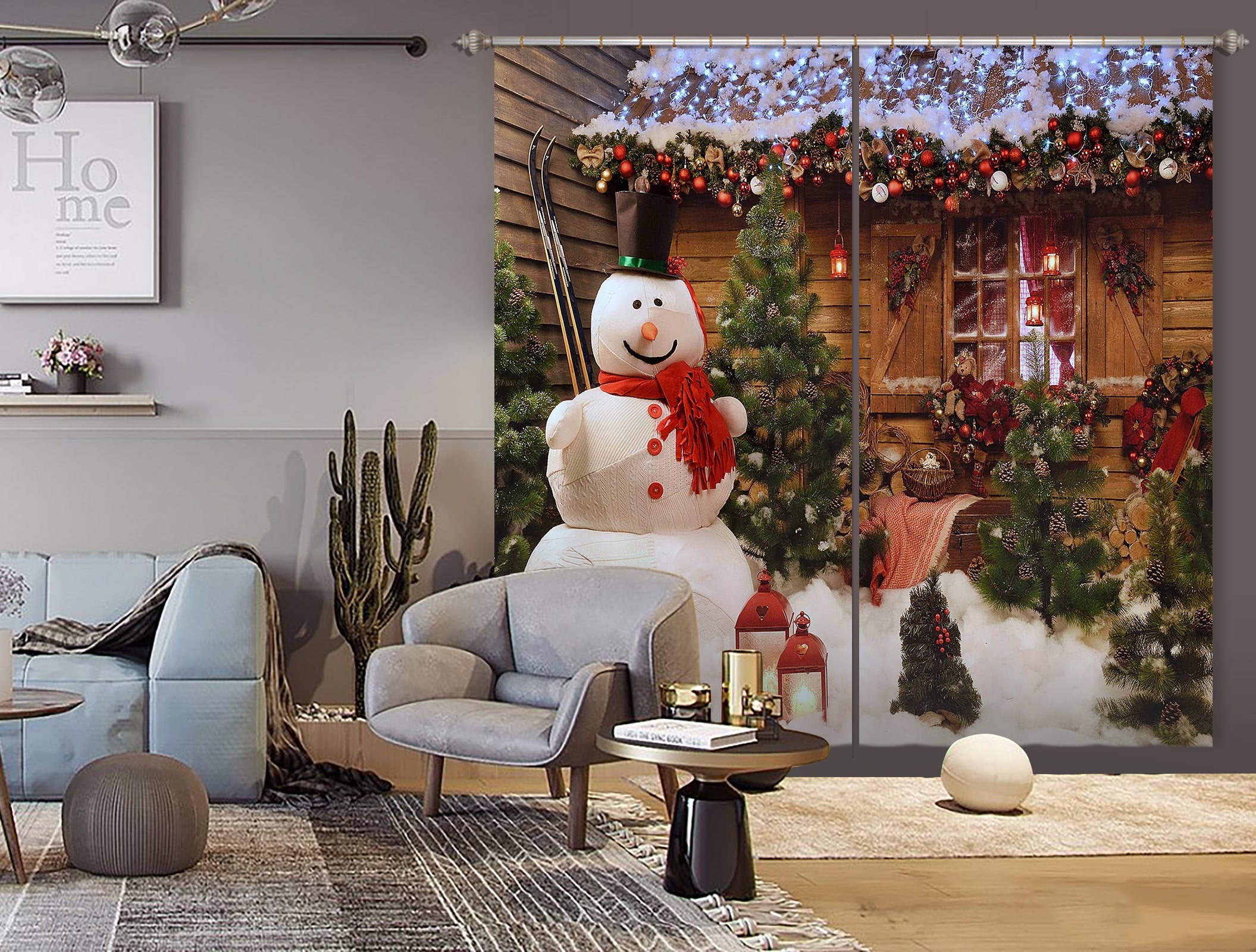 3D Snowman Wooden House 52083 Christmas Curtains Drapes Xmas