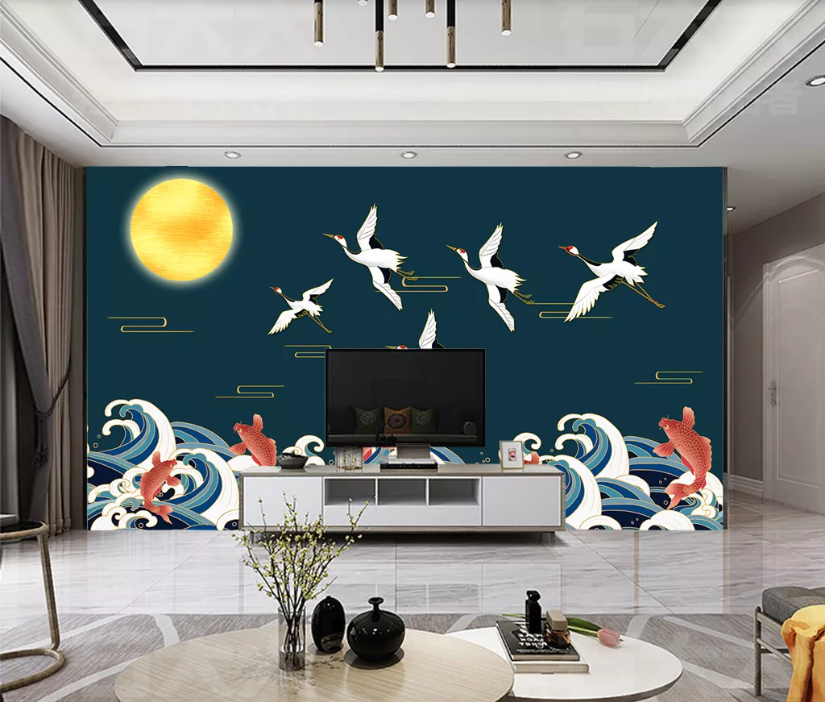 3D Moon Crane Goldfish WC2636 Wall Murals