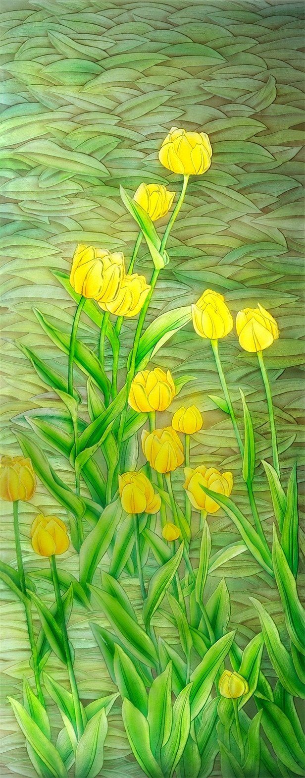 3D tulips green leaf oil Painting door mural Wallpaper AJ Wallpaper 