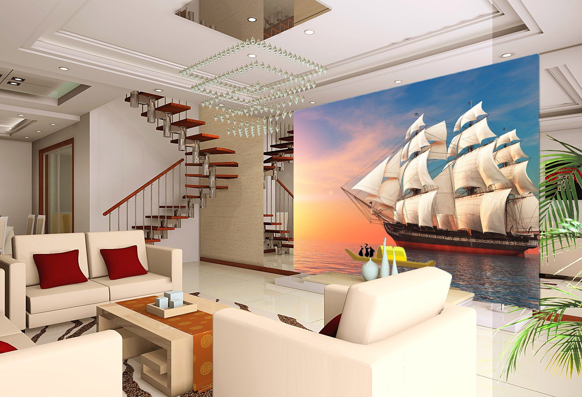 3D Sun-glow Sailing Boat 238 Wallpaper AJ Wallpaper 