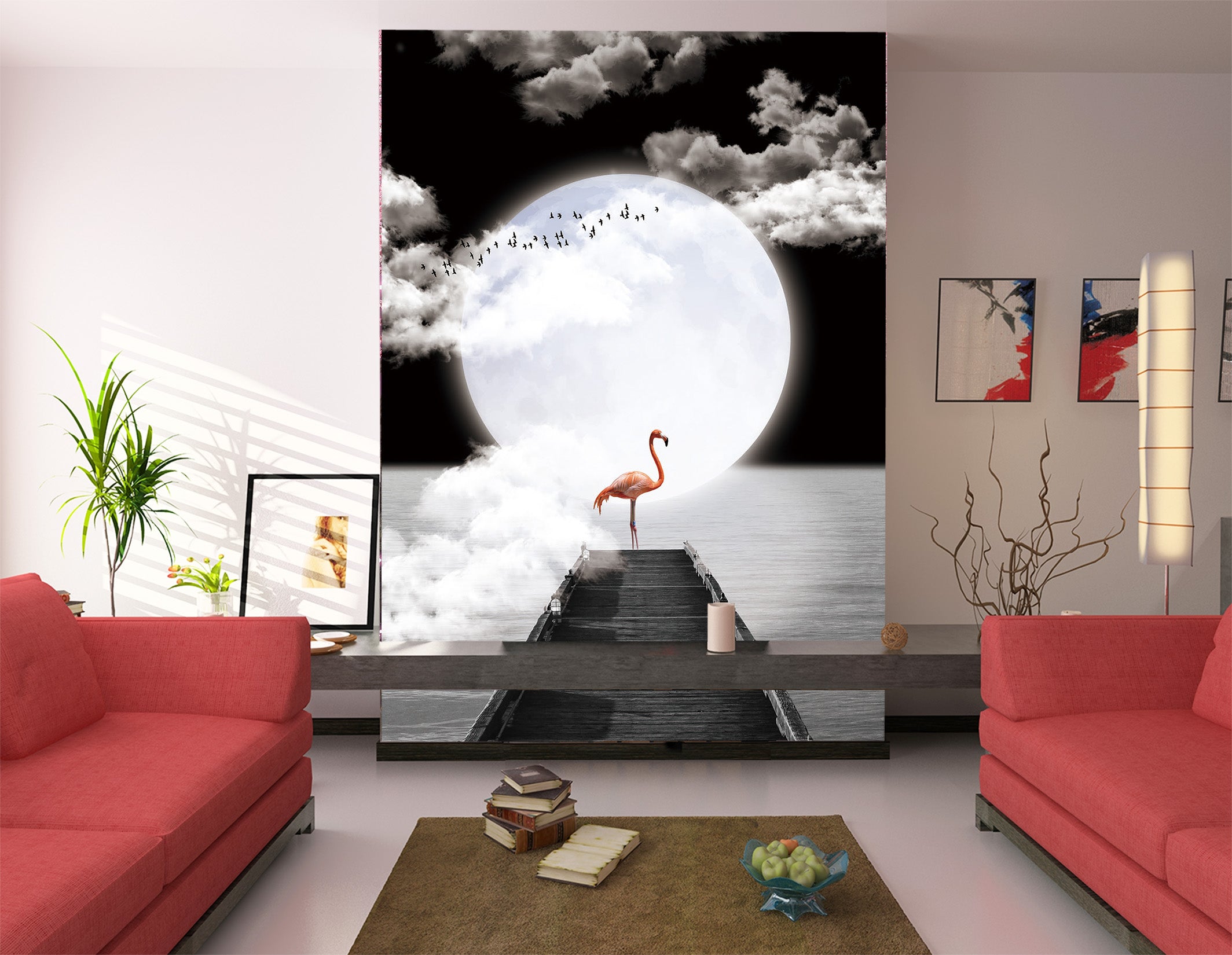 3D Moon Flamingo 119 Wall Murals