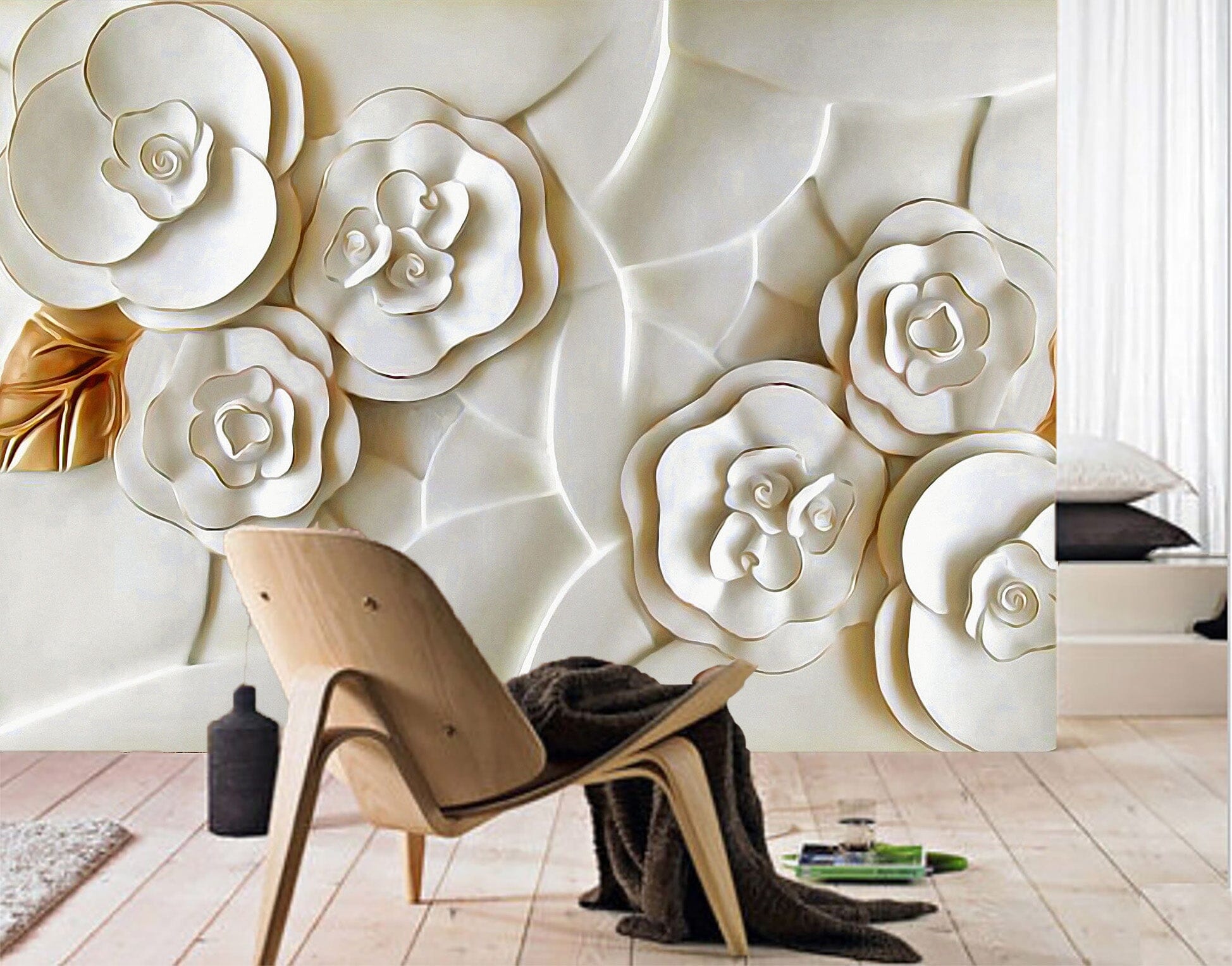 3D Embossed White Flower 017 Wall Murals Wallpaper AJ Wallpaper 2 