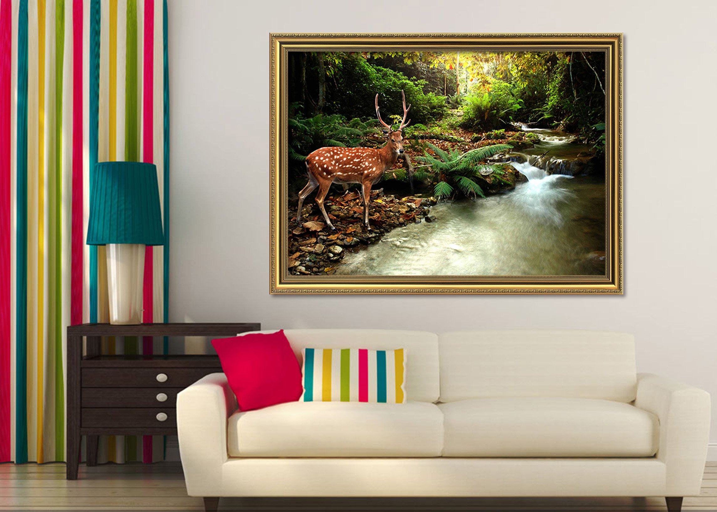 3D Fawn Drinking Water 068 Fake Framed Print Painting Wallpaper AJ Creativity Home 