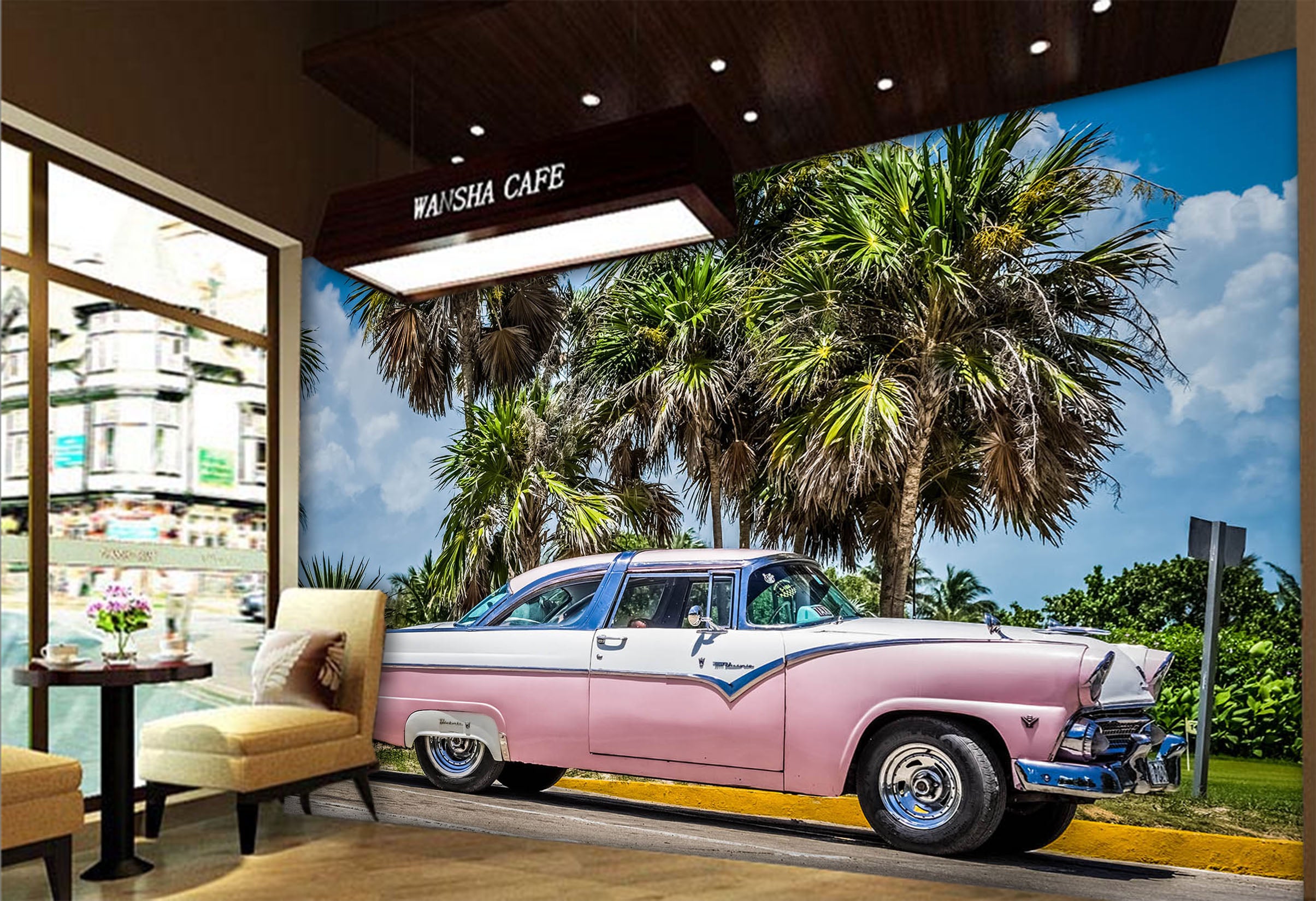 3D Pink Convertible 347 Vehicle Wall Murals
