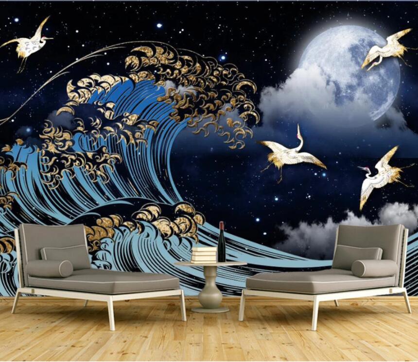3D Moon Sea Wave Crane WC2635 Wall Murals
