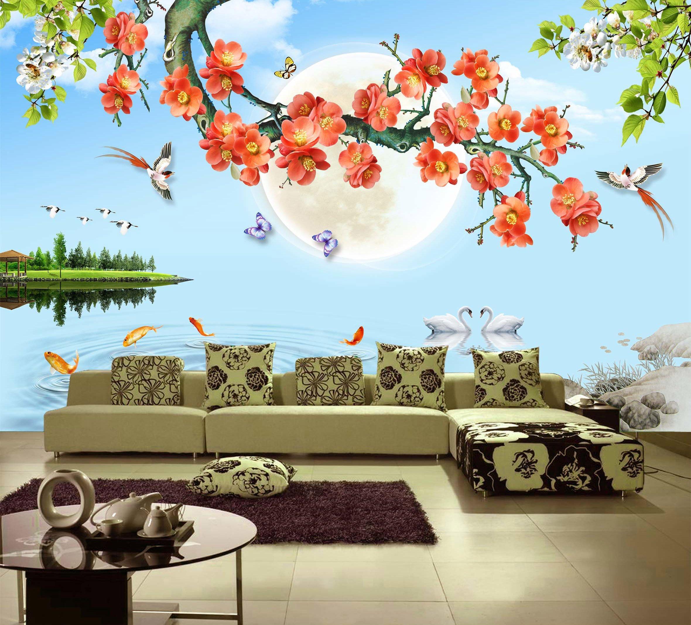 3D Moon Lake Swan 322 Wallpaper AJ Wallpaper 