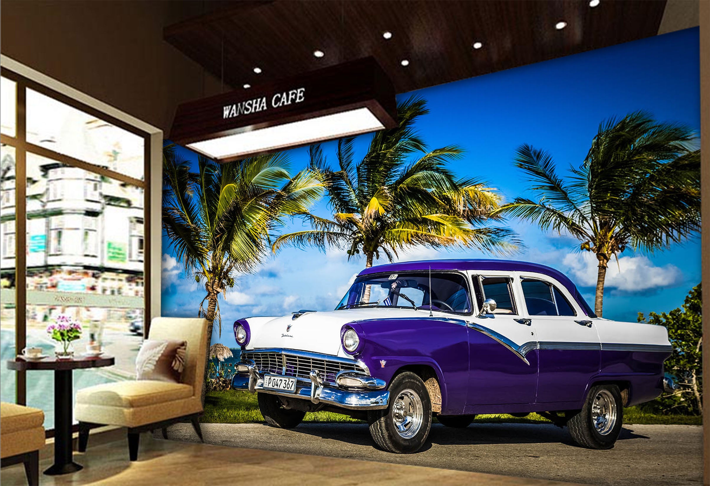 3D Green Tree Blue Car 366 Vehicle Wall Murals