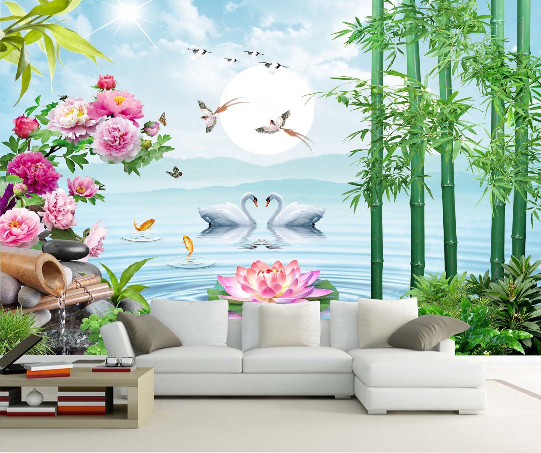 3D Swan Lotus Lake 285 Wallpaper AJ Wallpaper 