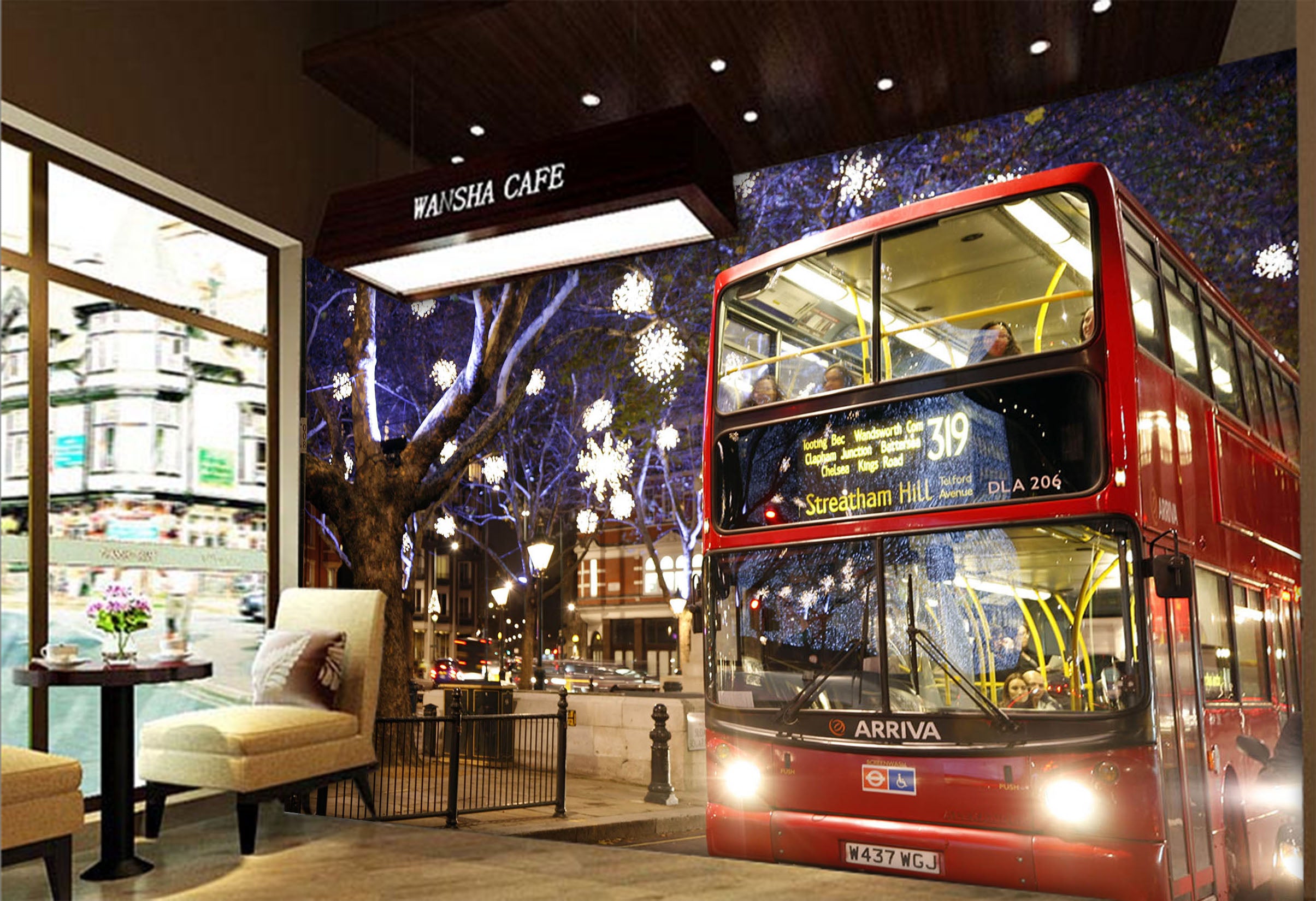 3D Night Red Bus 301 Vehicle Wall Murals