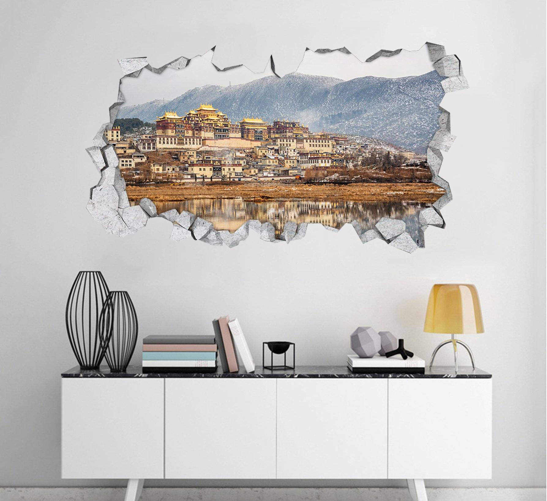 3D Snowing Mountain Town 107 Broken Wall Murals Wallpaper AJ Wallpaper 
