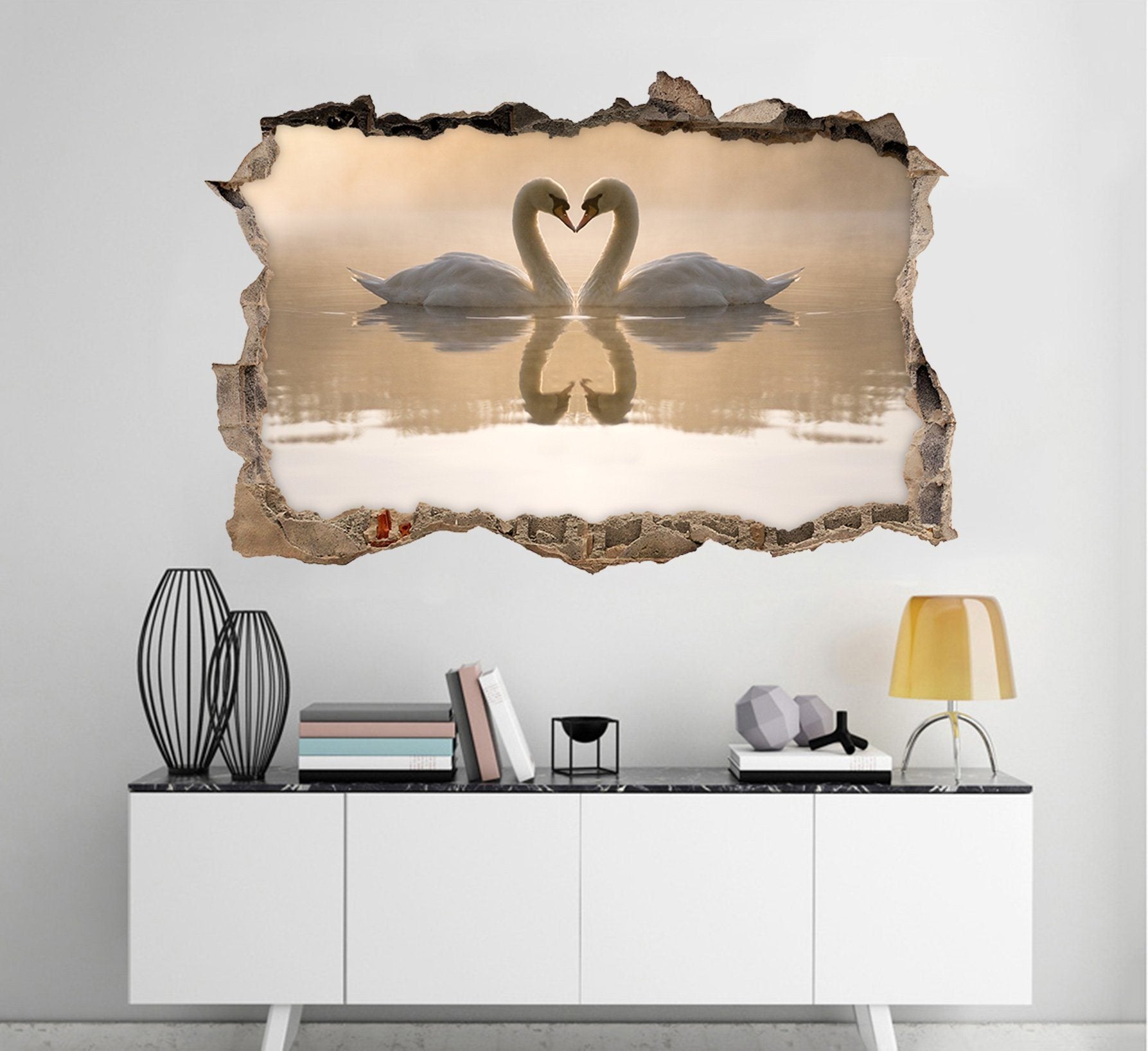 3D Lake Lovely Swans 122 Broken Wall Murals Wallpaper AJ Wallpaper 