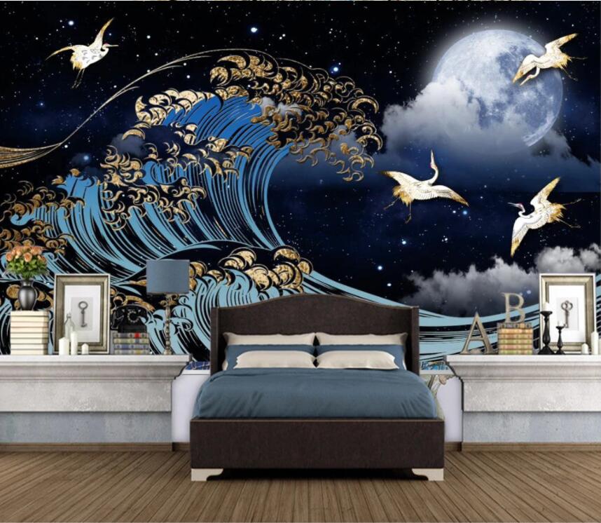 3D Moon Sea Wave Crane WC2635 Wall Murals