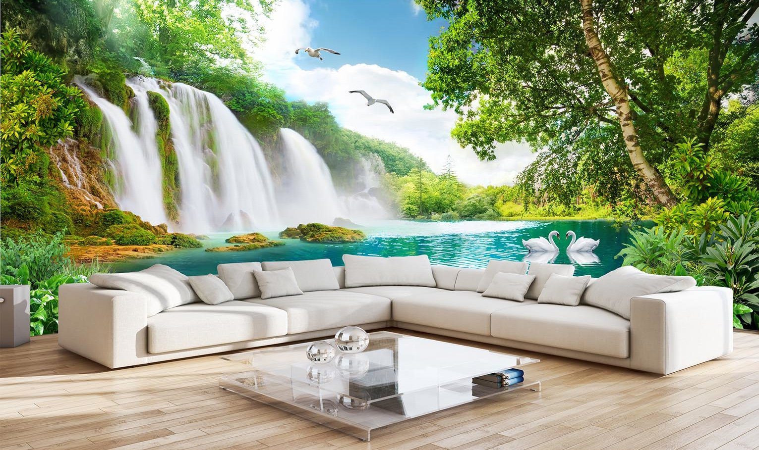 3D Waterfall Swan 317 Wallpaper AJ Wallpaper 