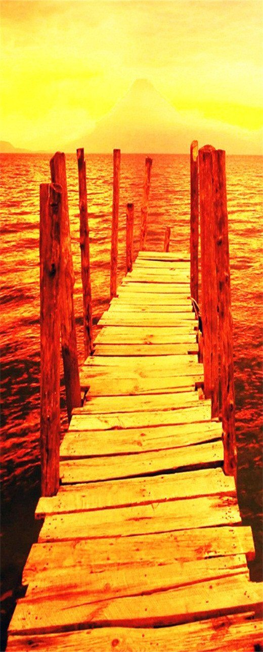 3D sea wooden bridge sunset glow door mural Wallpaper AJ Wallpaper 