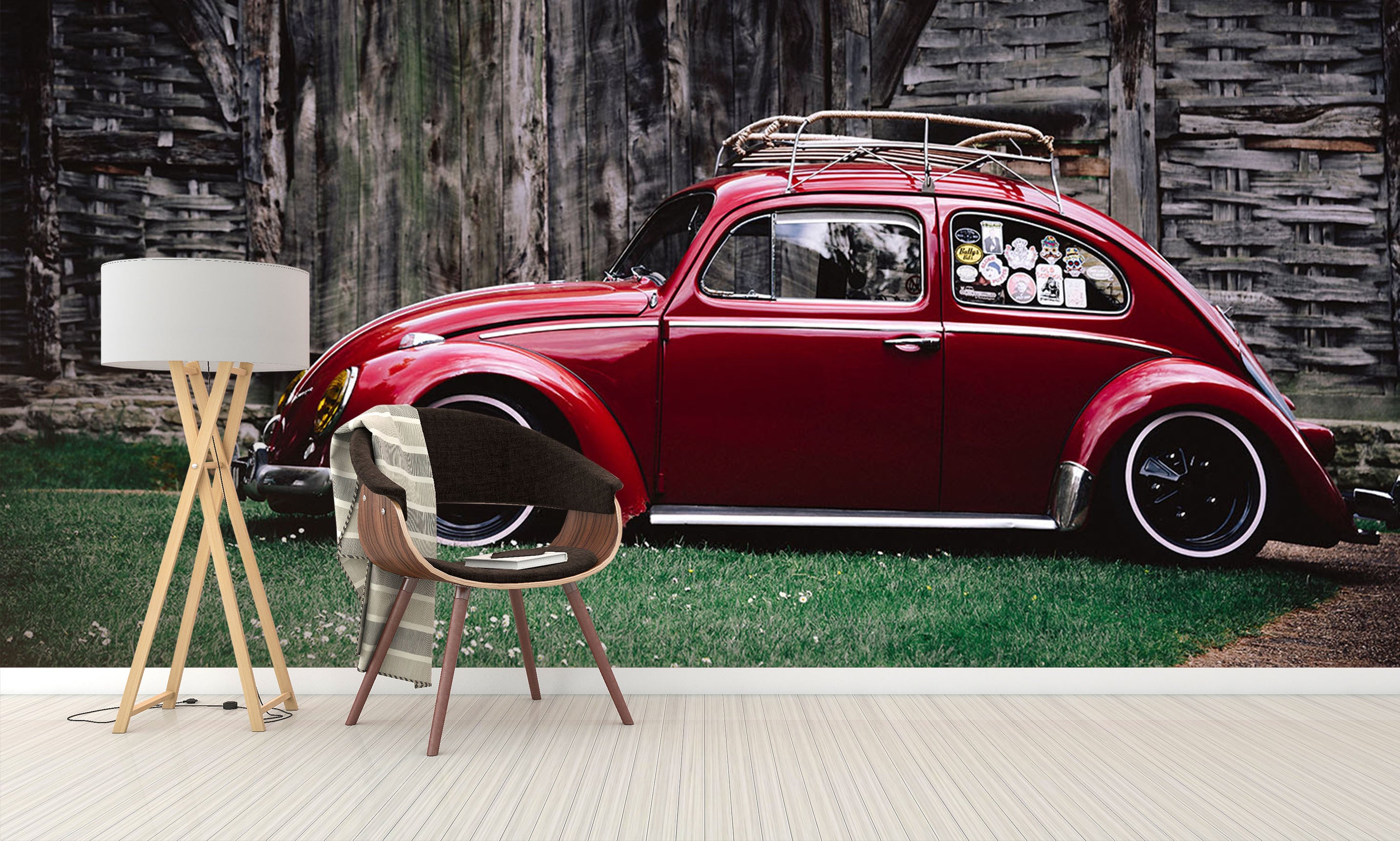 3D House Red Car 201 Vehicle Wall Murals