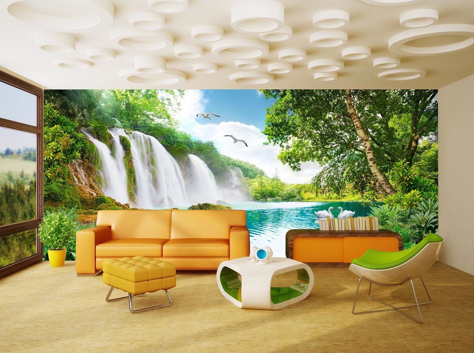 3D Waterfall Swan 317 Wallpaper AJ Wallpaper 