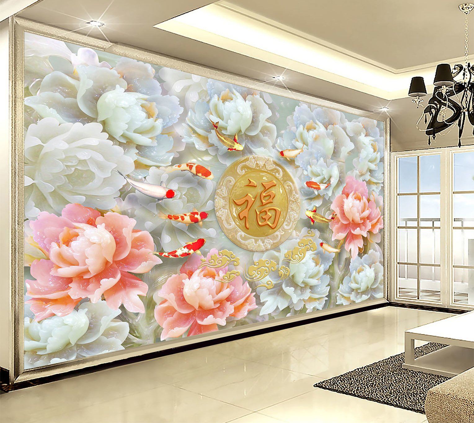3D Embossed Flower Fish 287 Wallpaper AJ Wallpaper 