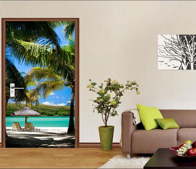 3d green palm sea door mural Wallpaper AJ Wallpaper 