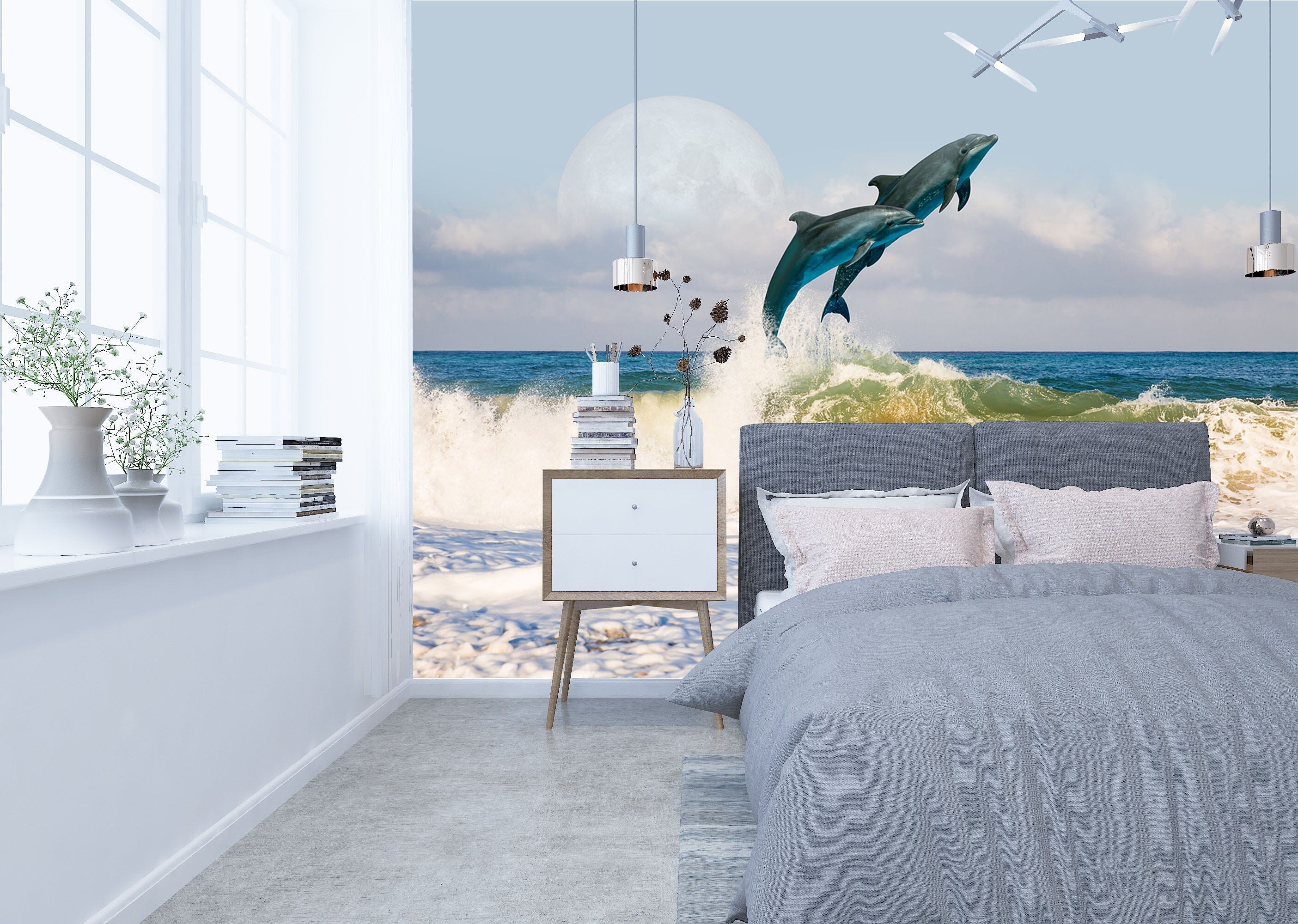 3D Moon Dolphin 237 Wall Murals Wallpaper AJ Wallpaper 2 