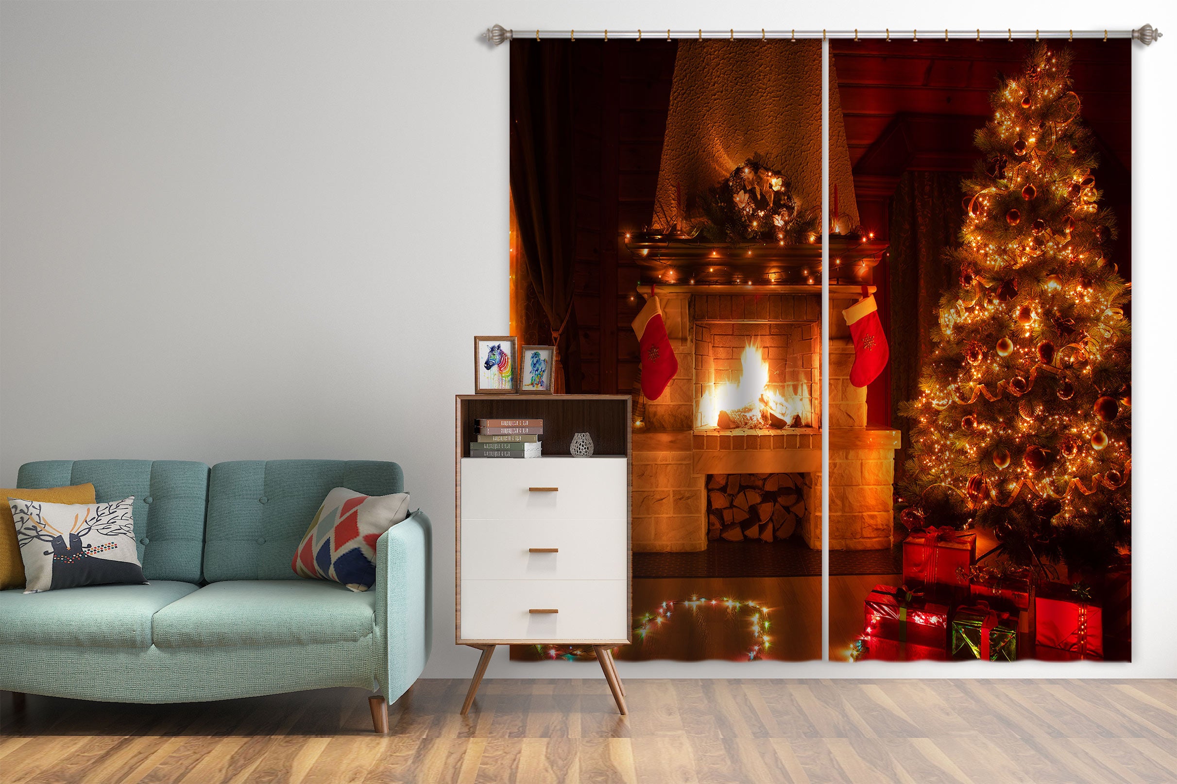 3D Fireplace Tree Sofa 52088 Christmas Curtains Drapes Xmas