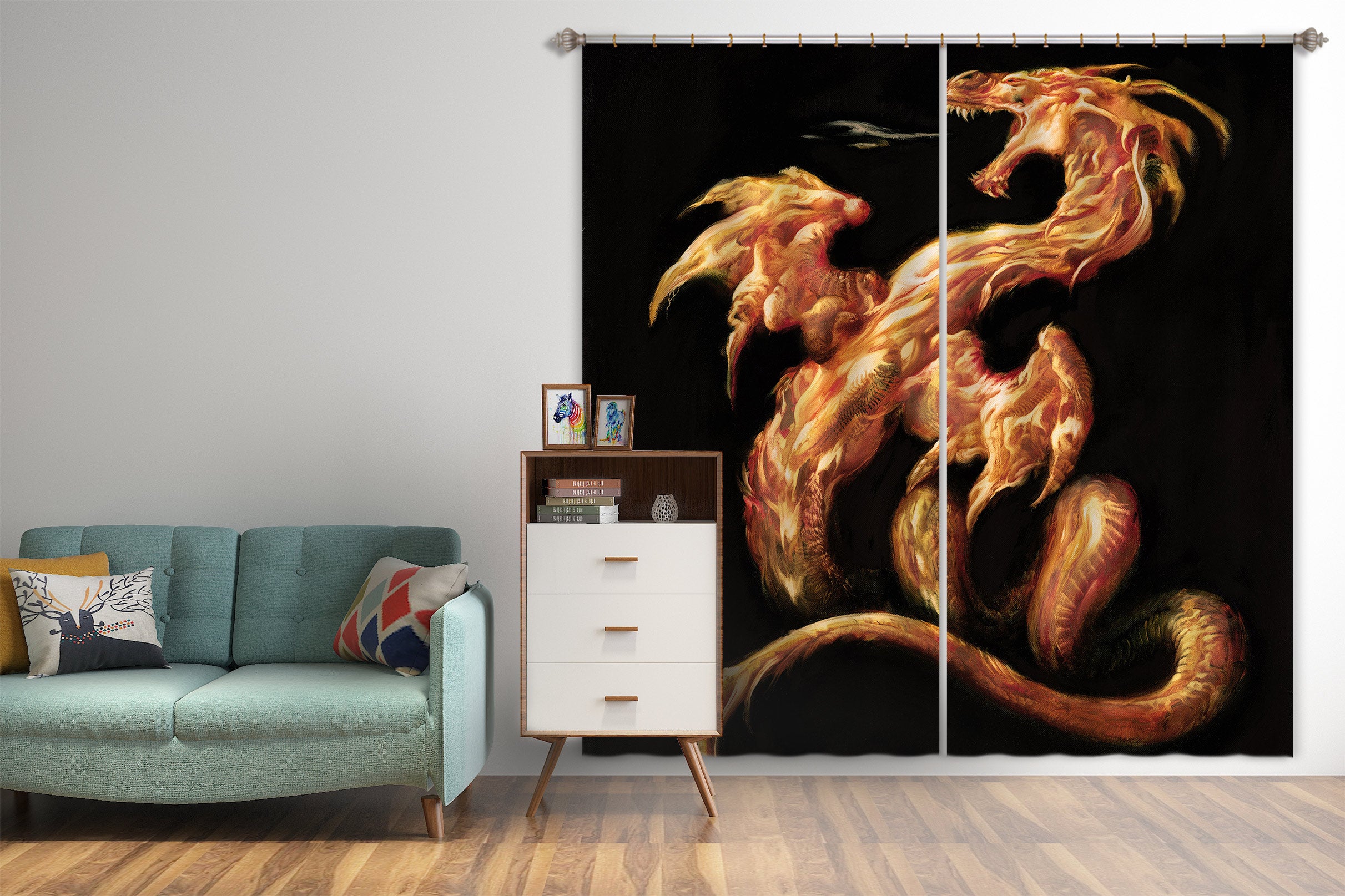3D Dragon Golden 8008 Ciruelo Curtain Curtains Drapes