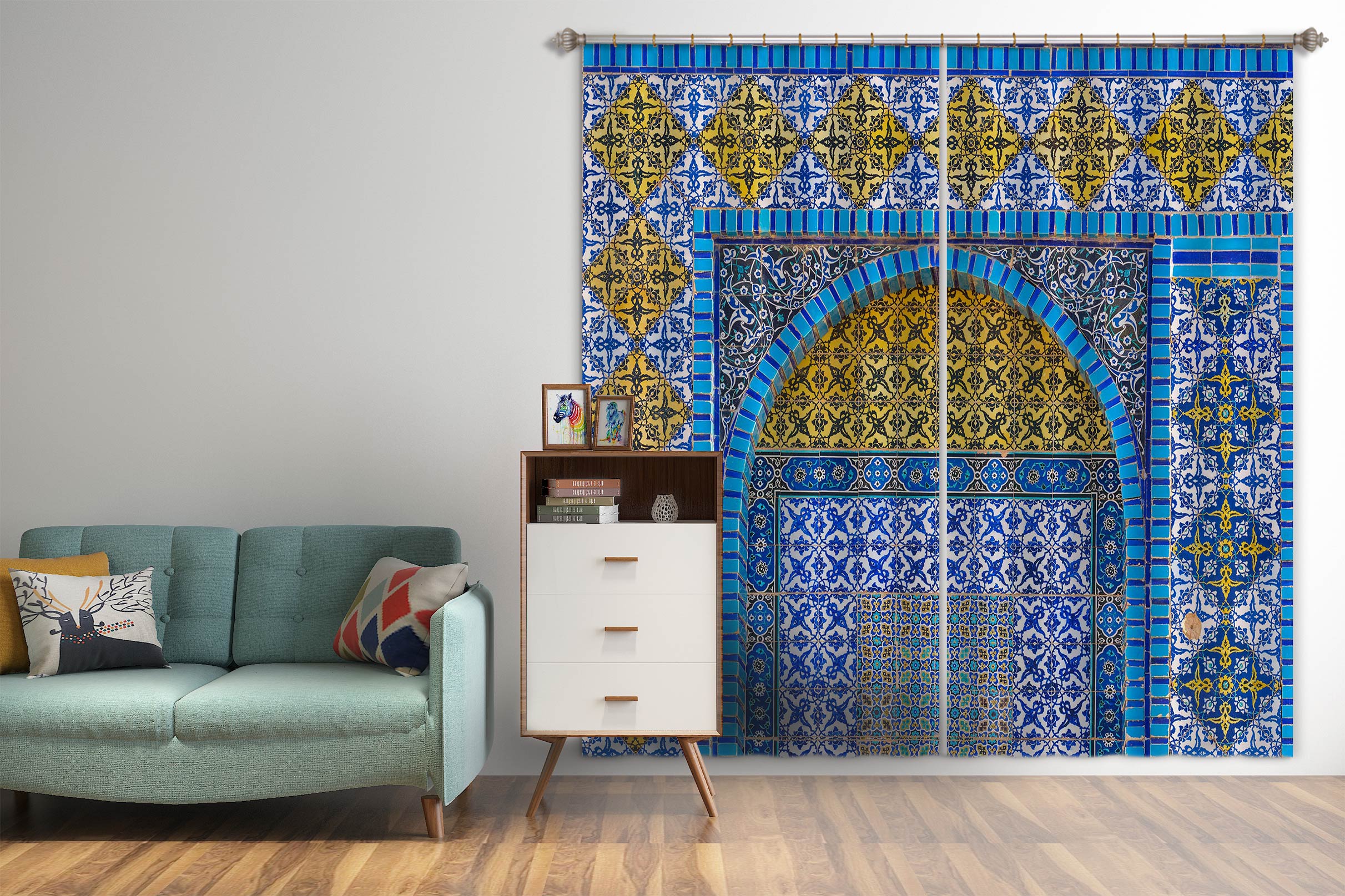 3D Blue Brick Pattern 074 Assaf Frank Curtain Curtains Drapes