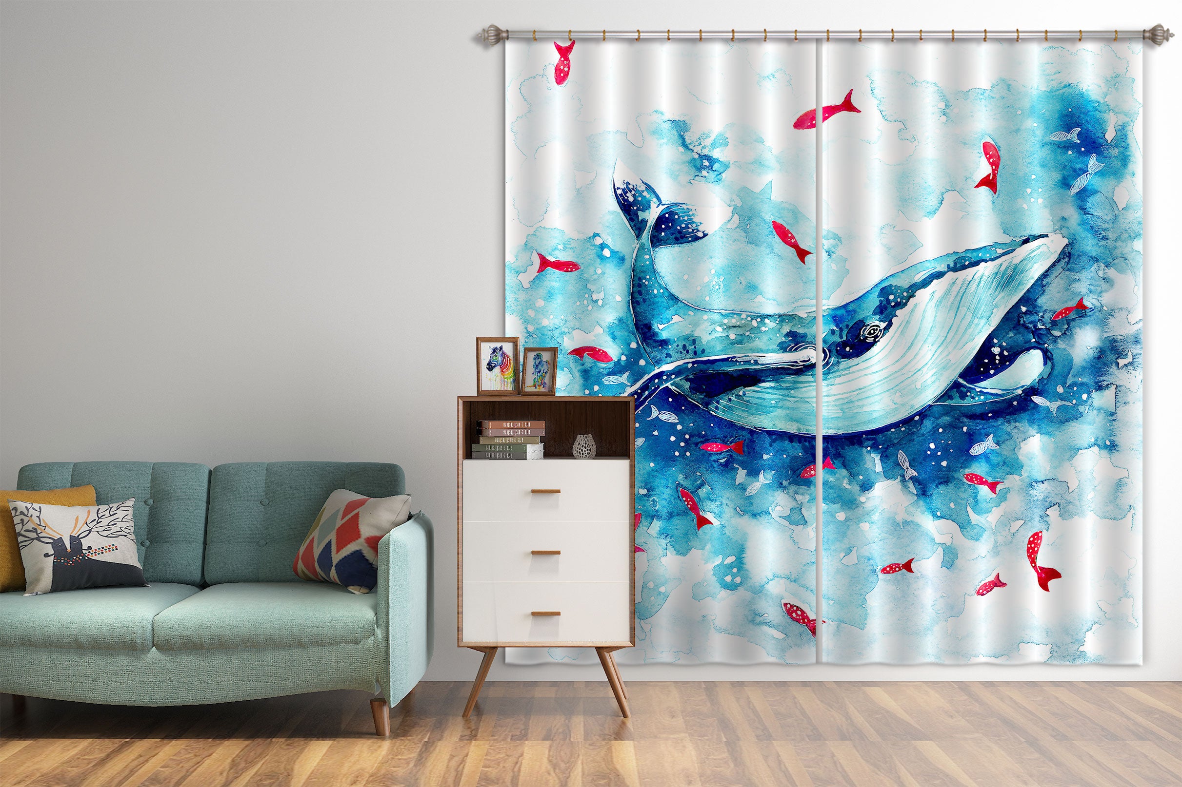 3D Blue Whale 035 Curtains Drapes