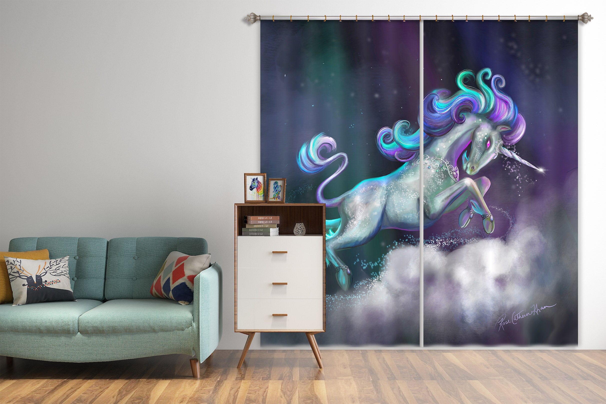 3D White Unicorn 114 Rose Catherine Khan Curtain Curtains Drapes Curtains AJ Creativity Home 