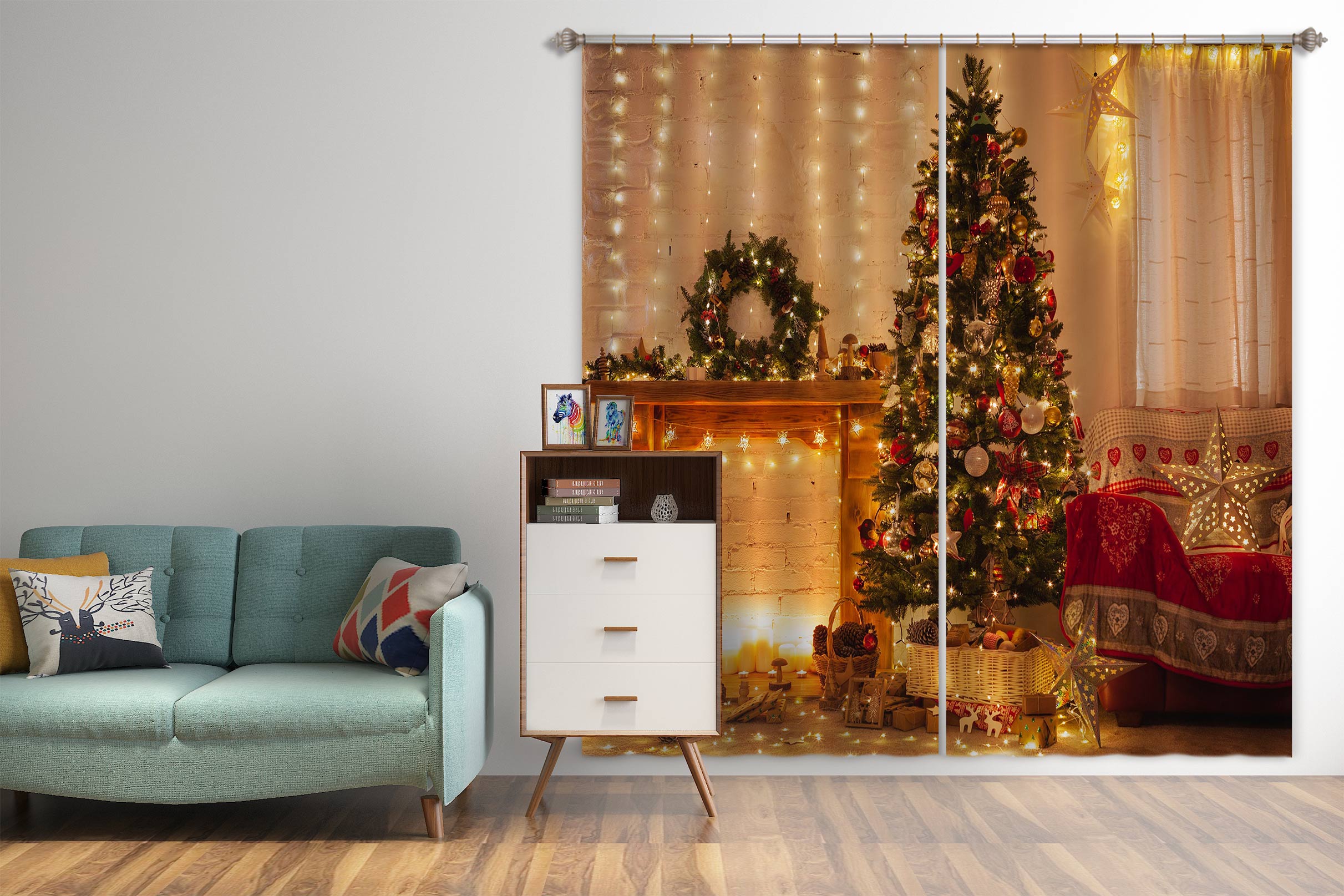 3D Fireplace Tree 52077 Christmas Curtains Drapes Xmas