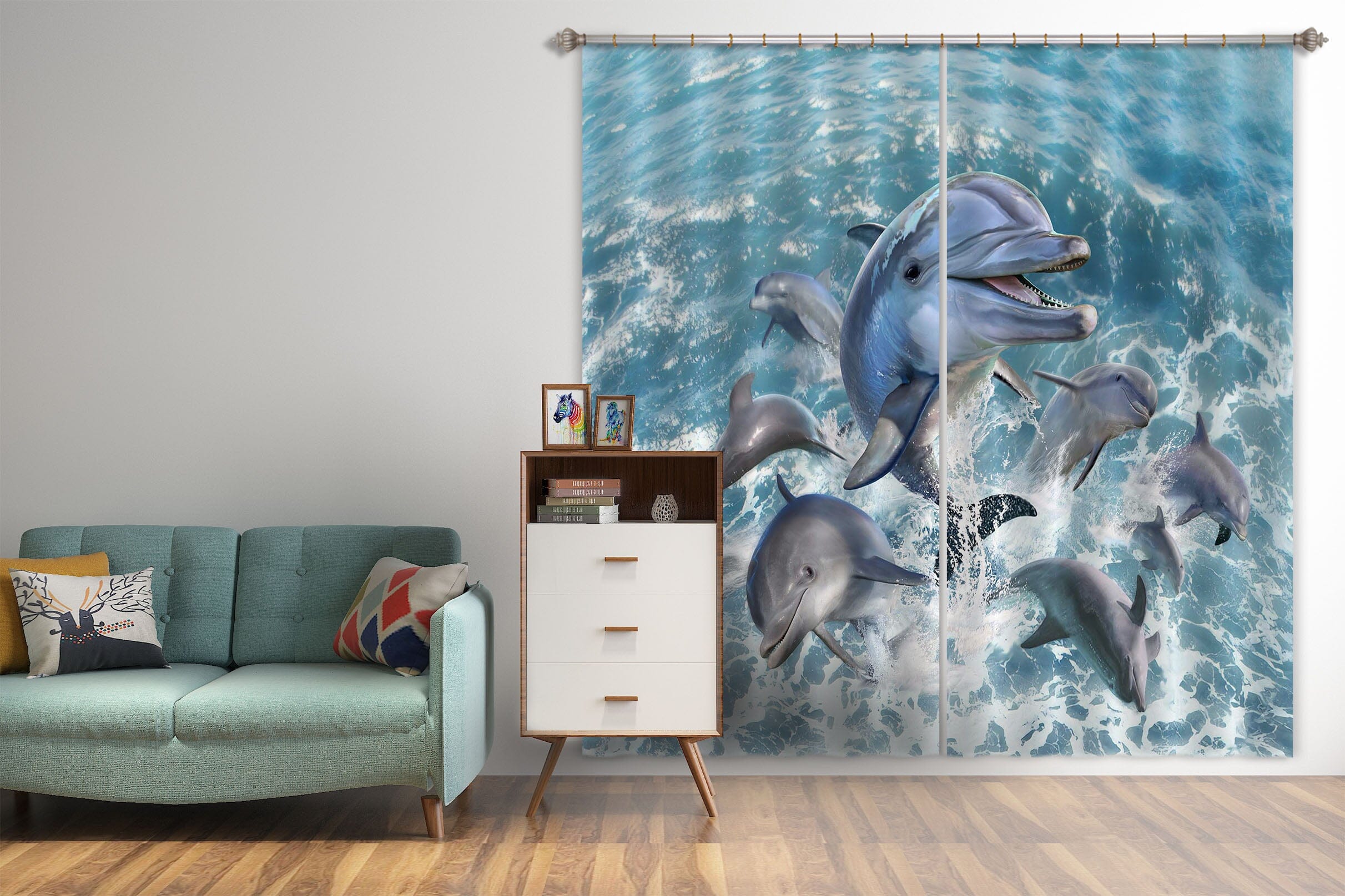 3D Dolphin Jump 042 Jerry LoFaro Curtain Curtains Drapes Curtains AJ Creativity Home 