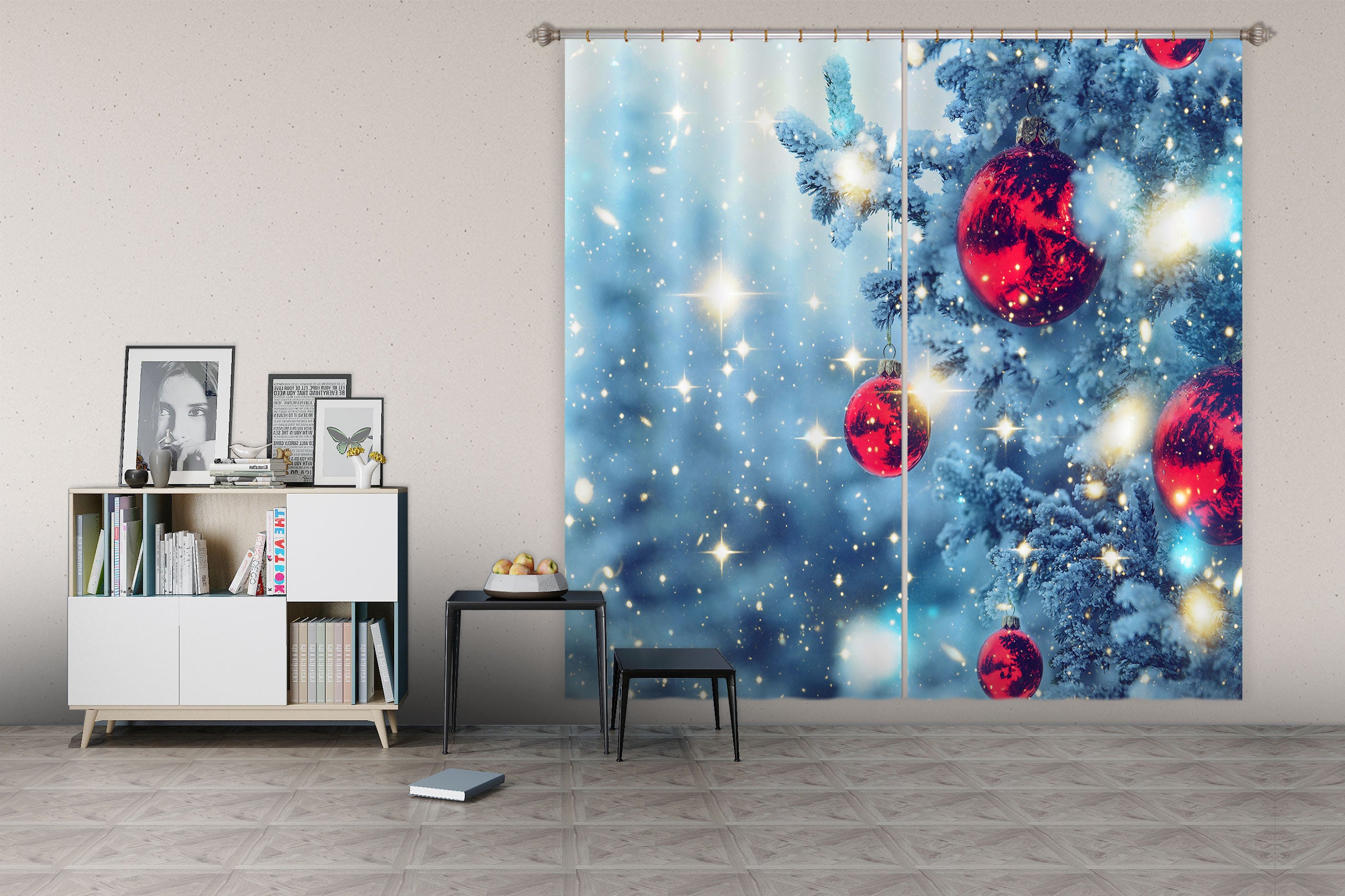 3D Snow Tree Red Ball 52067 Christmas Curtains Drapes Xmas