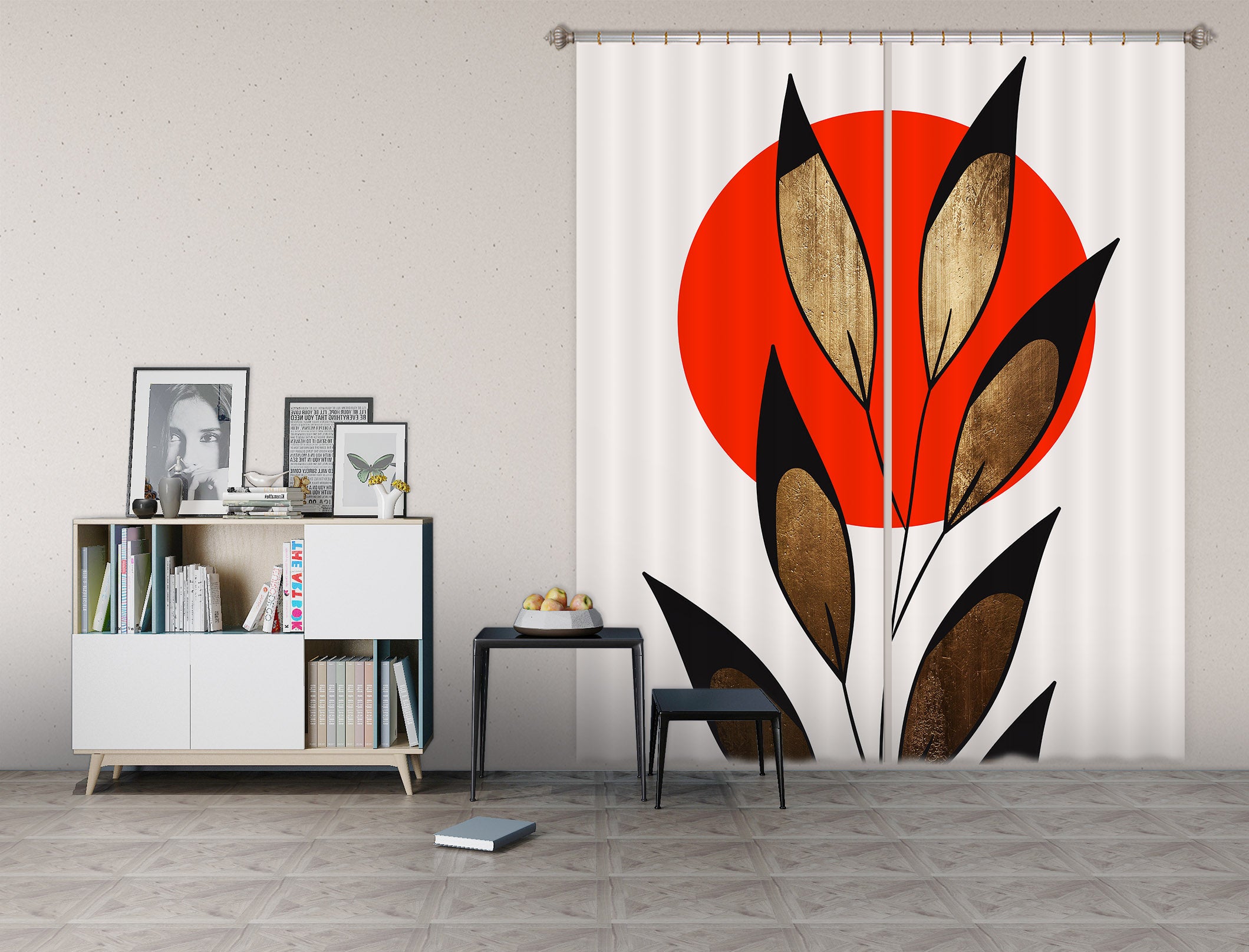 3D Red Sun Leaves 1023 Boris Draschoff Curtain Curtains Drapes