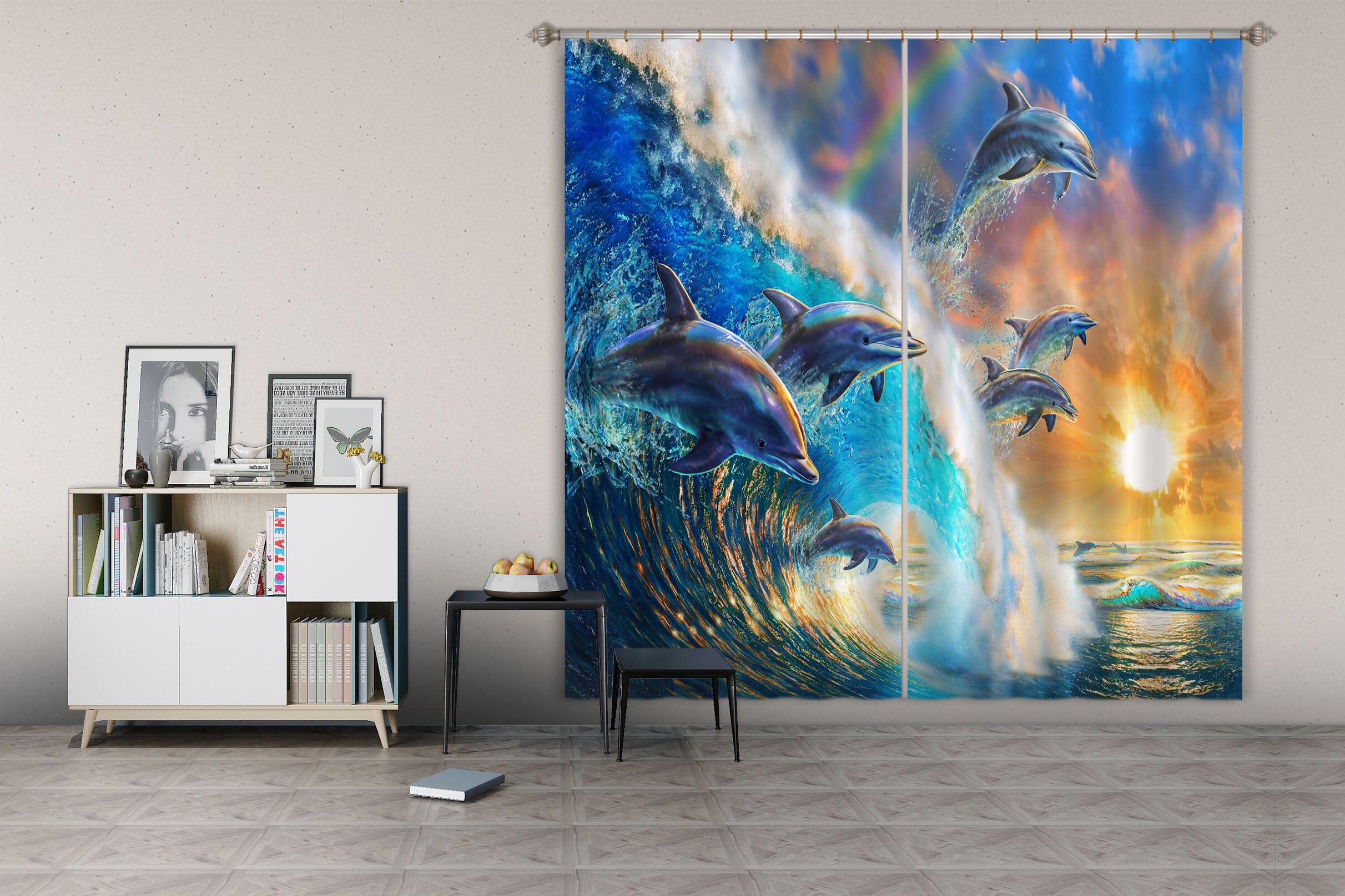 3D Dolphin Wave 056 Adrian Chesterman Curtain Curtains Drapes Curtains AJ Creativity Home 