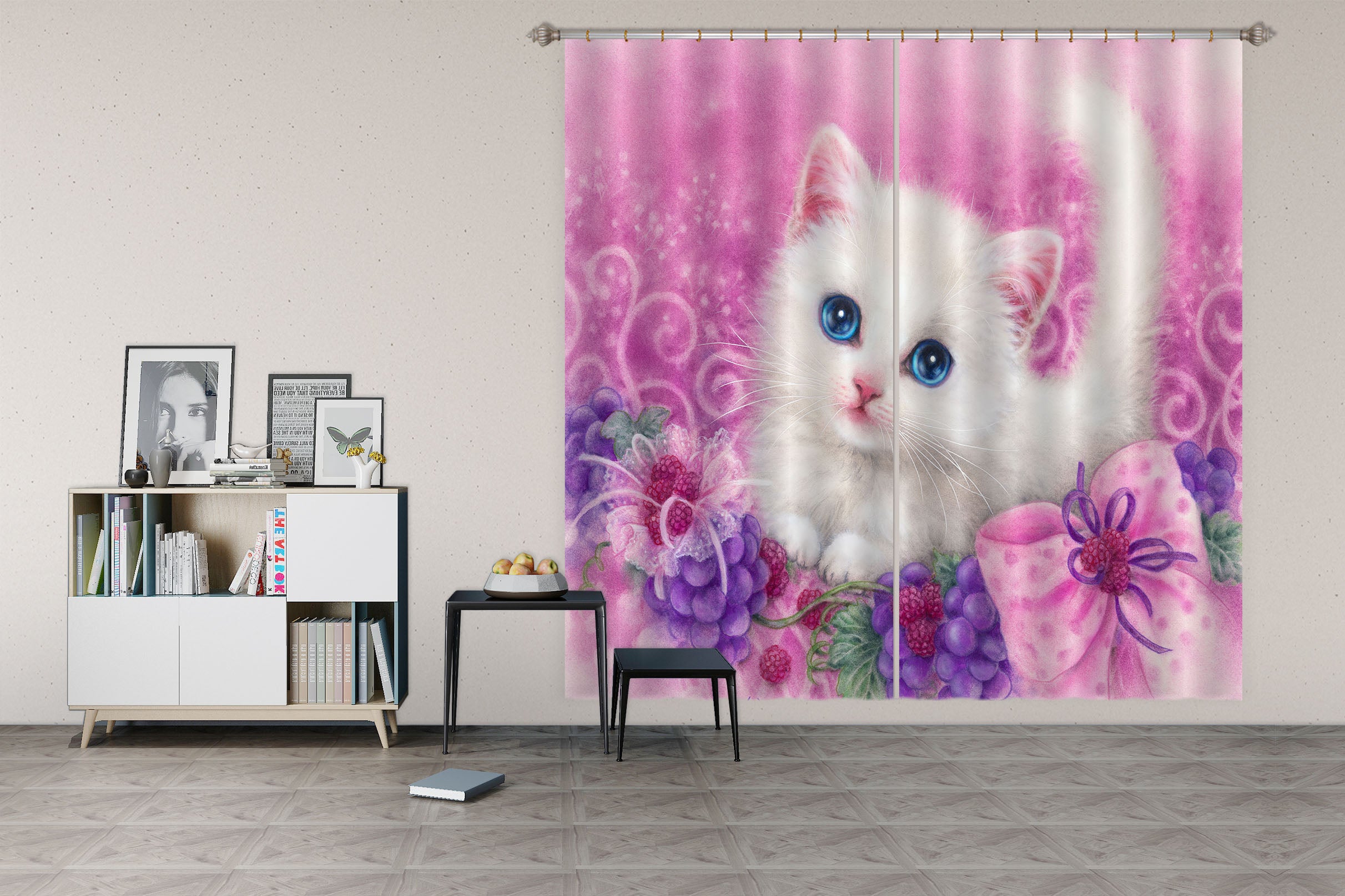 3D Grape White Cat 9063 Kayomi Harai Curtain Curtains Drapes