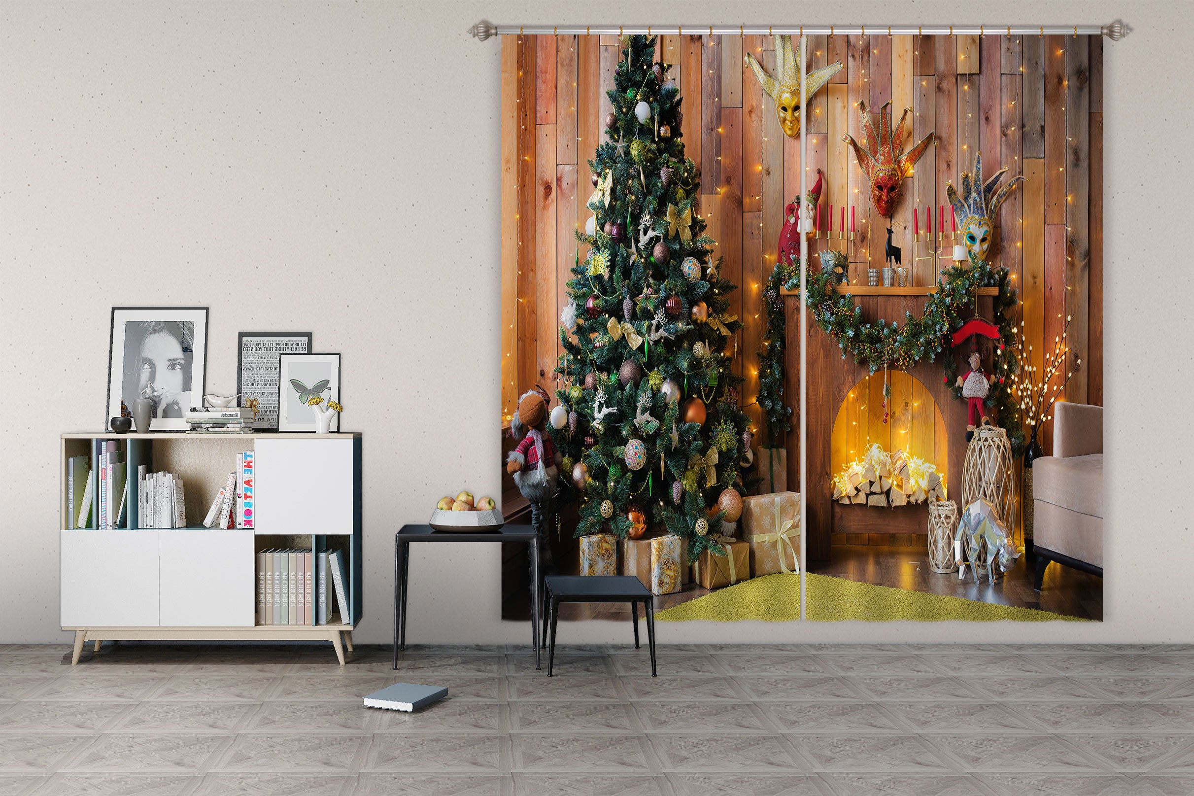 3D Tree Fireplace 52075 Christmas Curtains Drapes Xmas