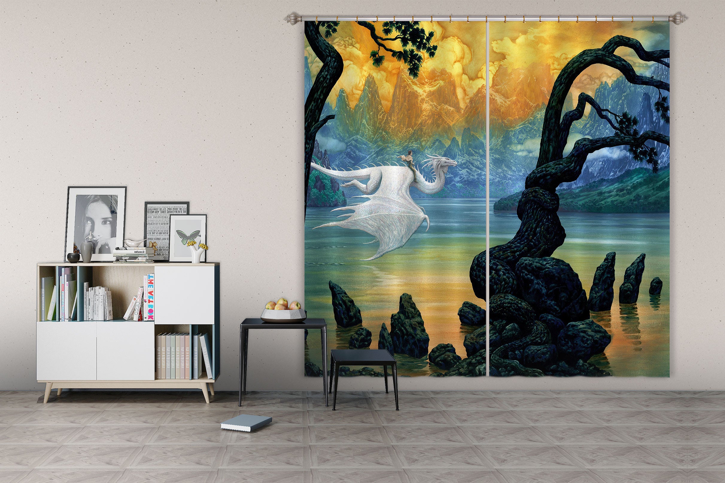 3D Landscape White Dragon 7221 Ciruelo Curtain Curtains Drapes