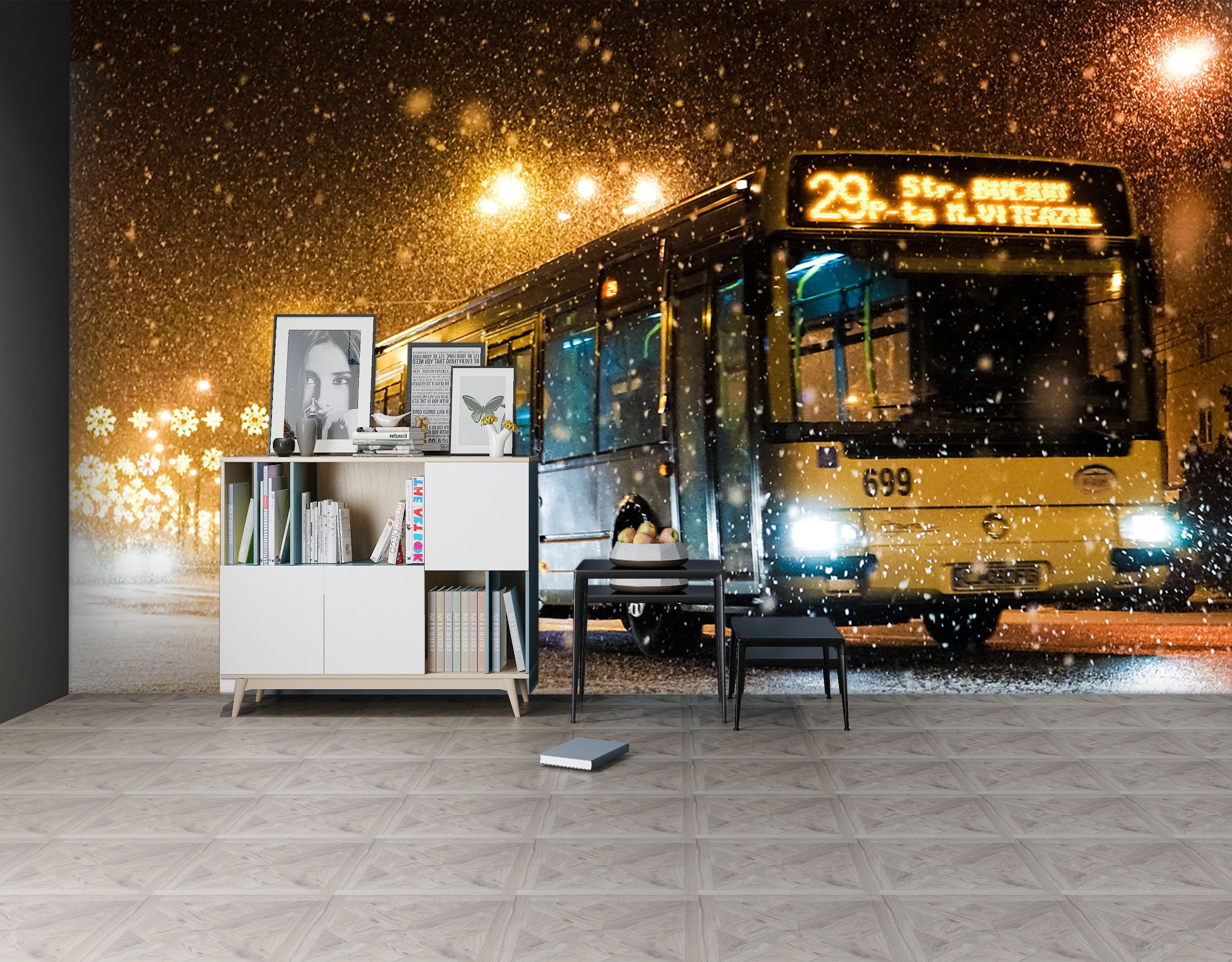 3D Night Snow Bus 057 Vehicle Wall Murals