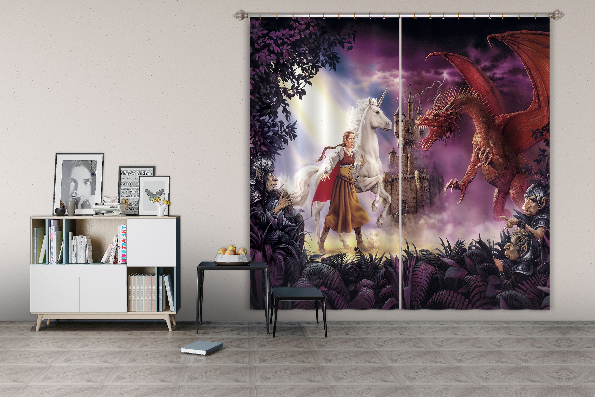 3D Castle White Unicorn Red Dragon 7174 Ciruelo Curtain Curtains Drapes
