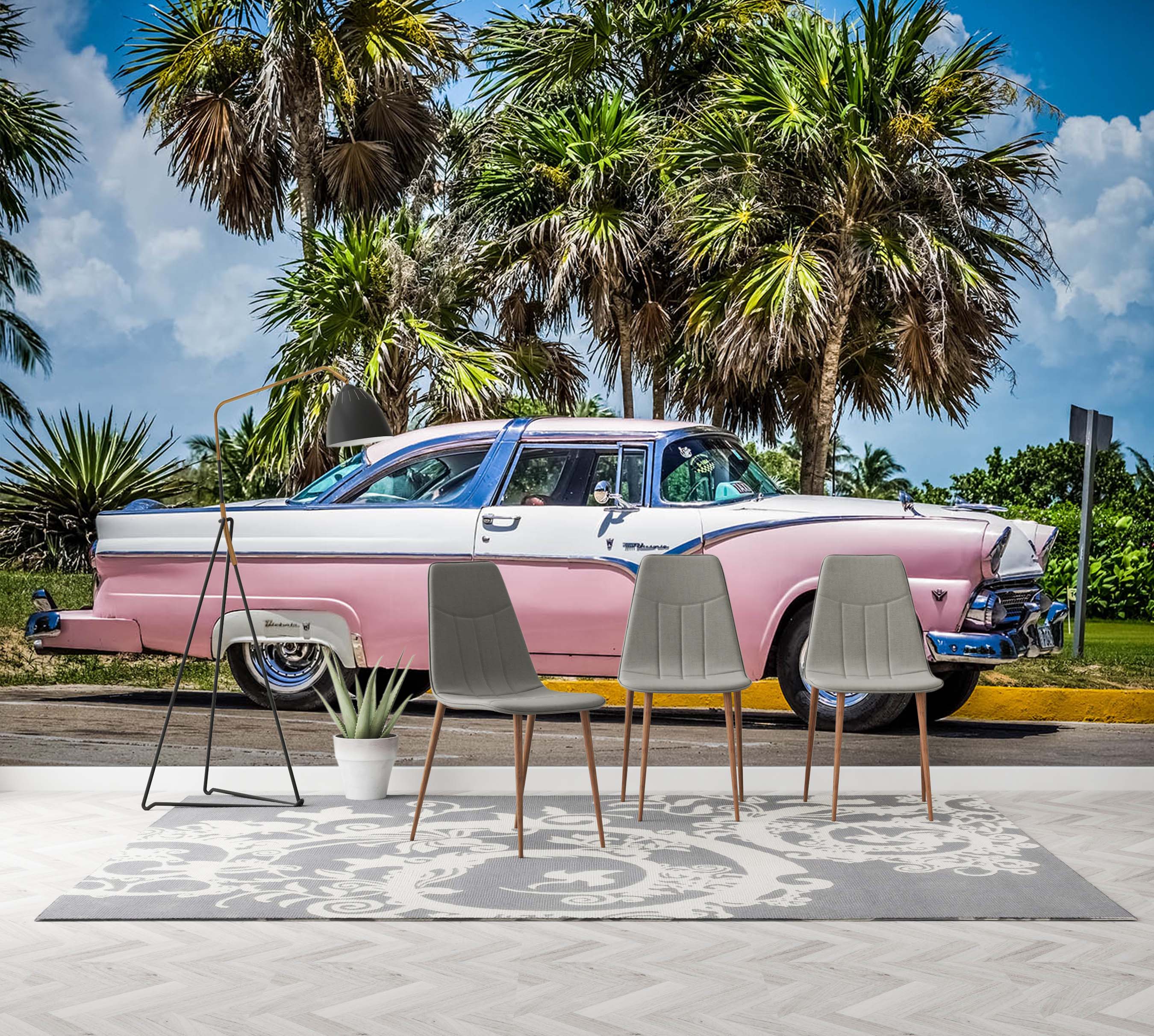 3D Pink Convertible 347 Vehicle Wall Murals