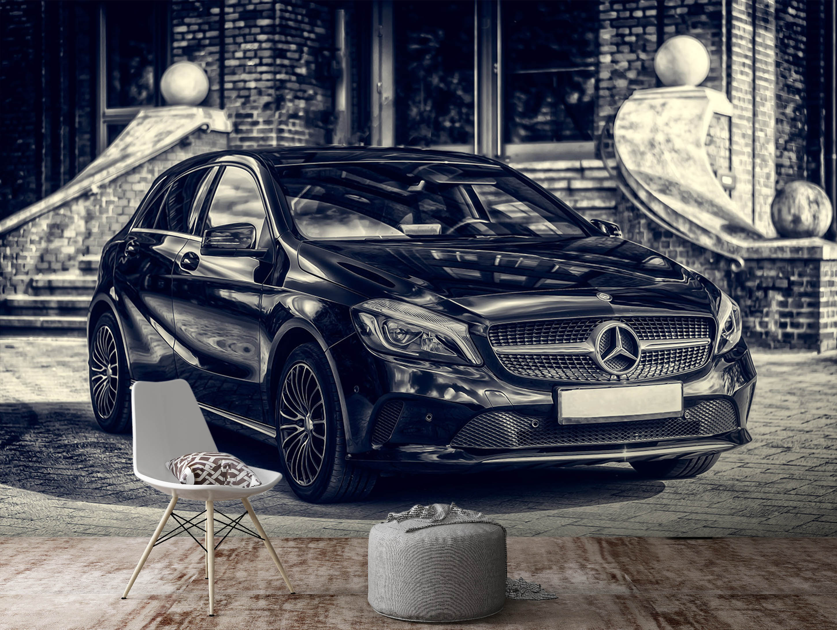 3D House Black Car 058 Vehicle Wall Murals