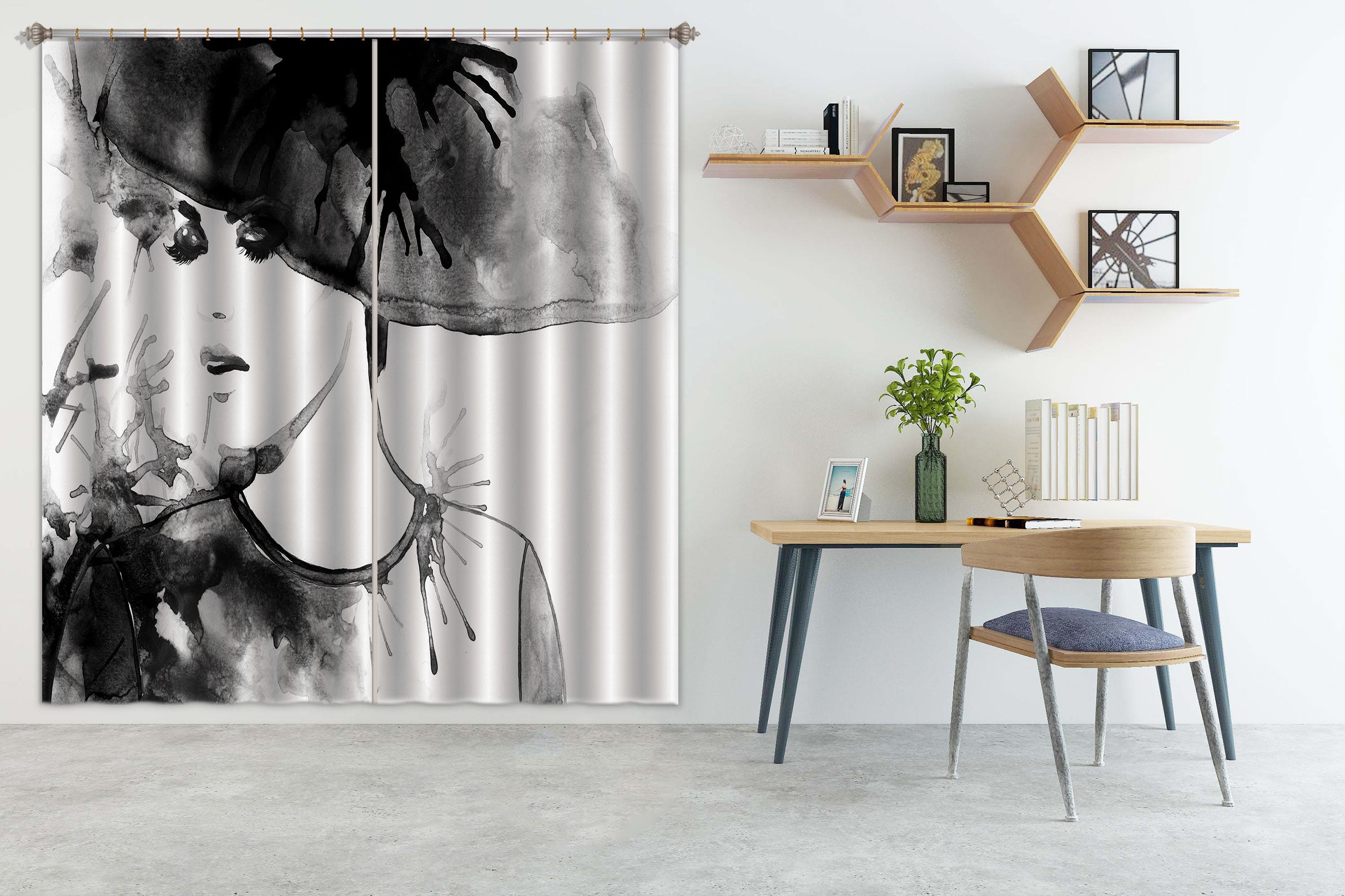 3D Black Hat Ladies 019 Curtains Drapes