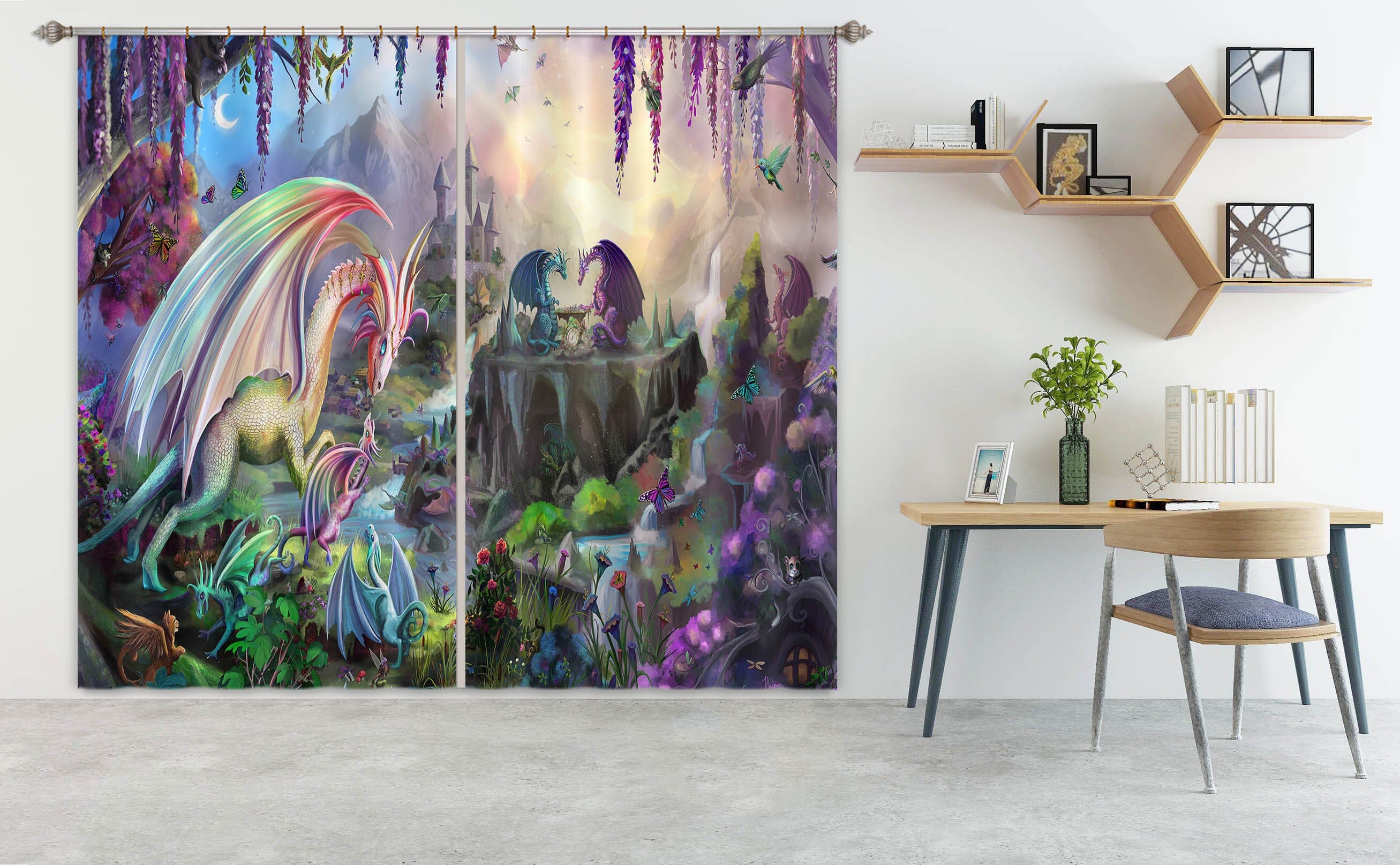 3D Valley Dragon 111 Rose Catherine Khan Curtain Curtains Drapes Curtains AJ Creativity Home 