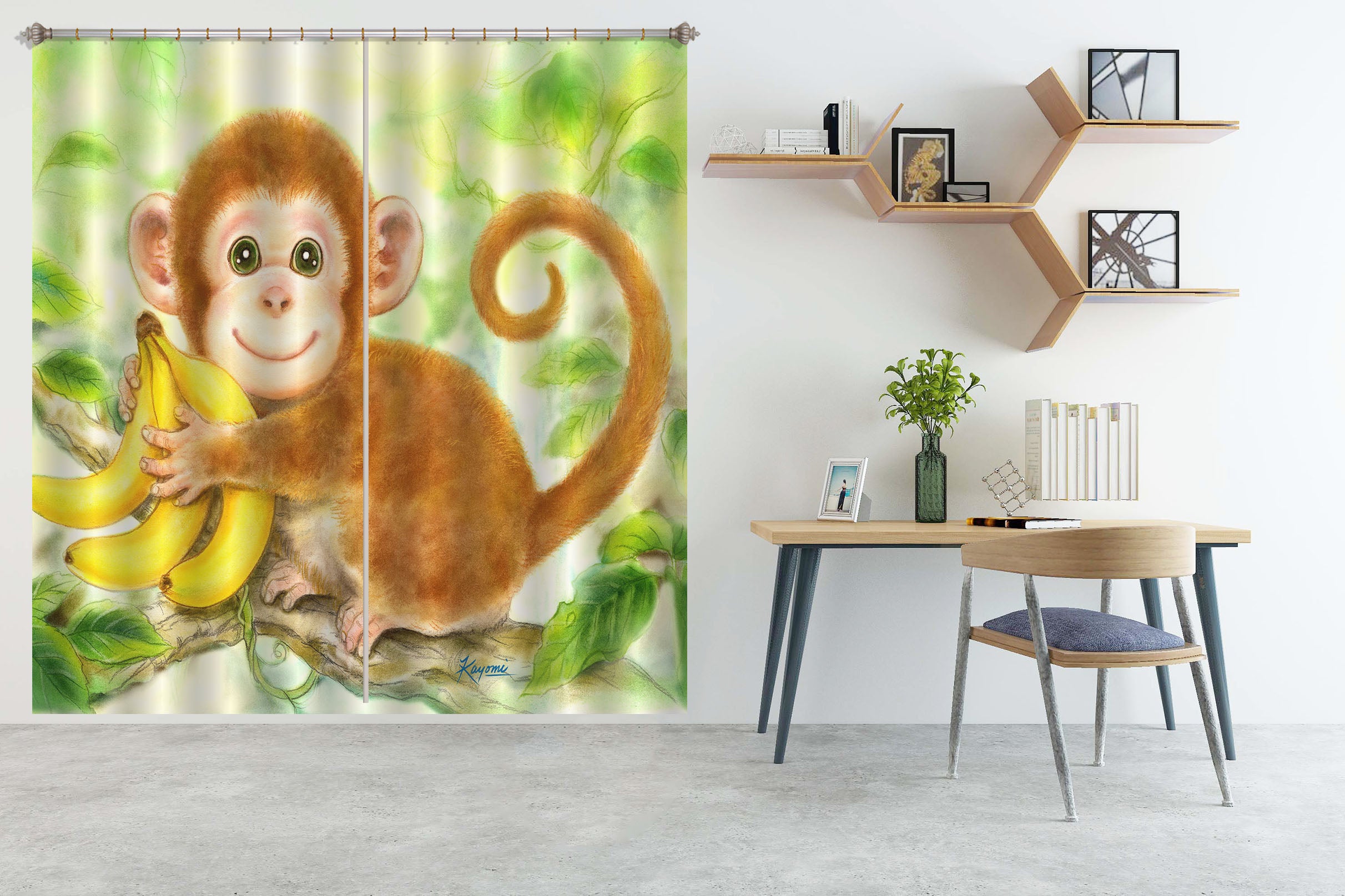 3D Cute Monkey Banana 9005 Kayomi Harai Curtain Curtains Drapes