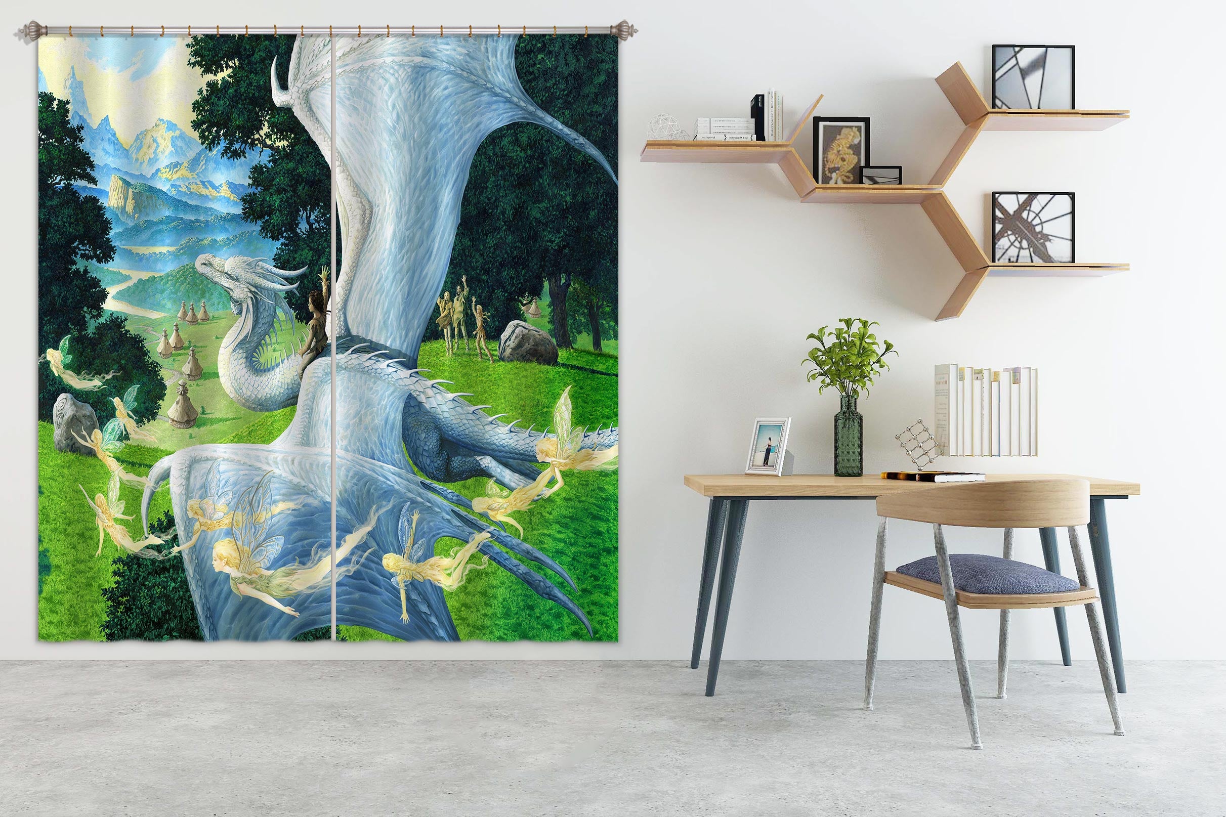 3D White Dragon Elf 7220 Ciruelo Curtain Curtains Drapes