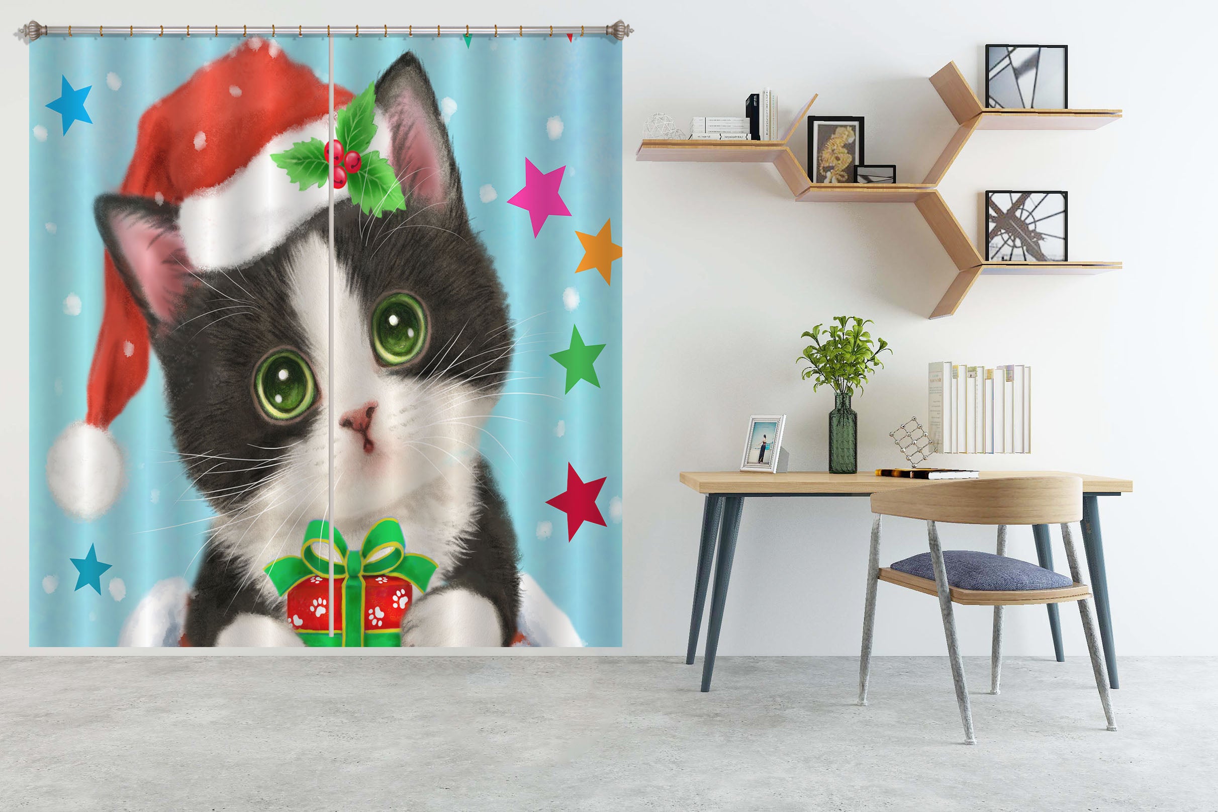 3D Christmas Cat Star 9070 Kayomi Harai Curtain Curtains Drapes