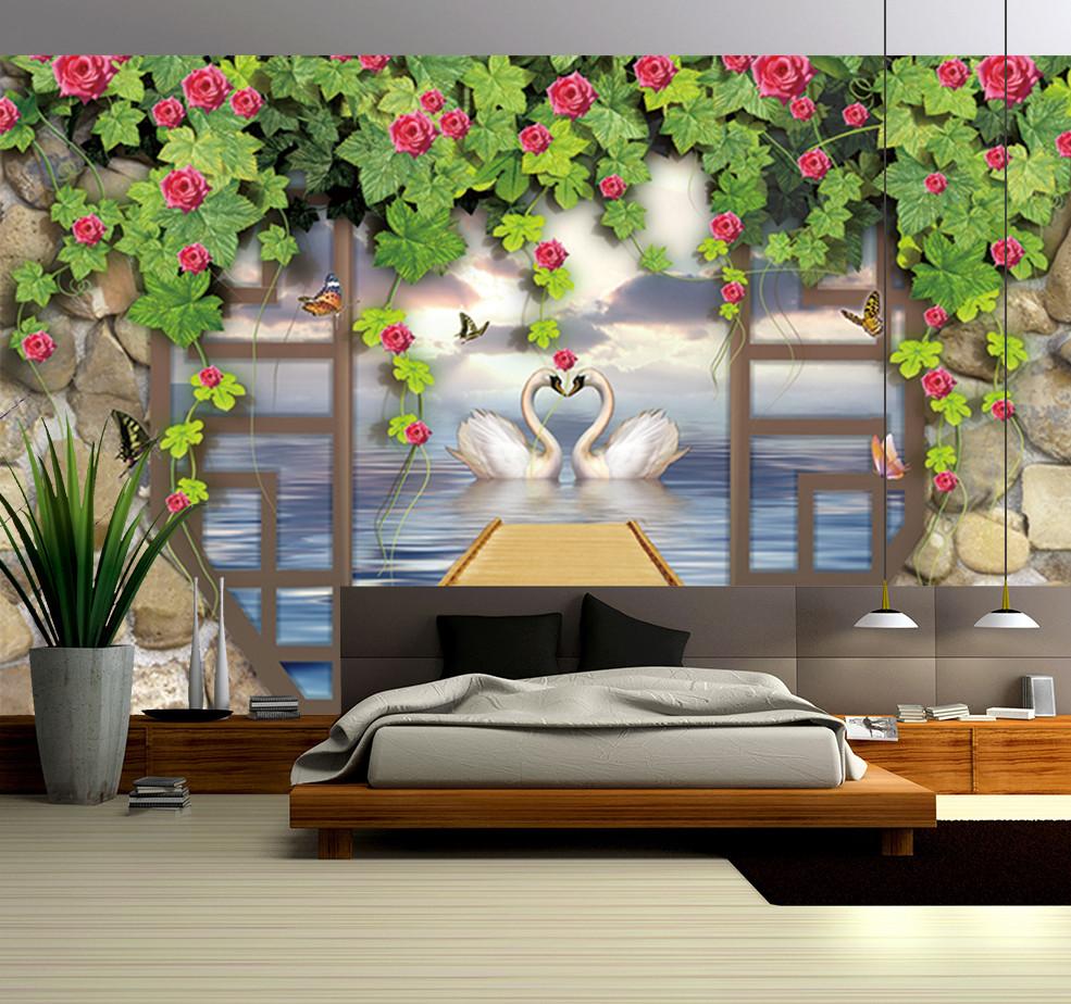 3D Swan Lake Flower Vines 872 Wallpaper AJ Wallpapers 
