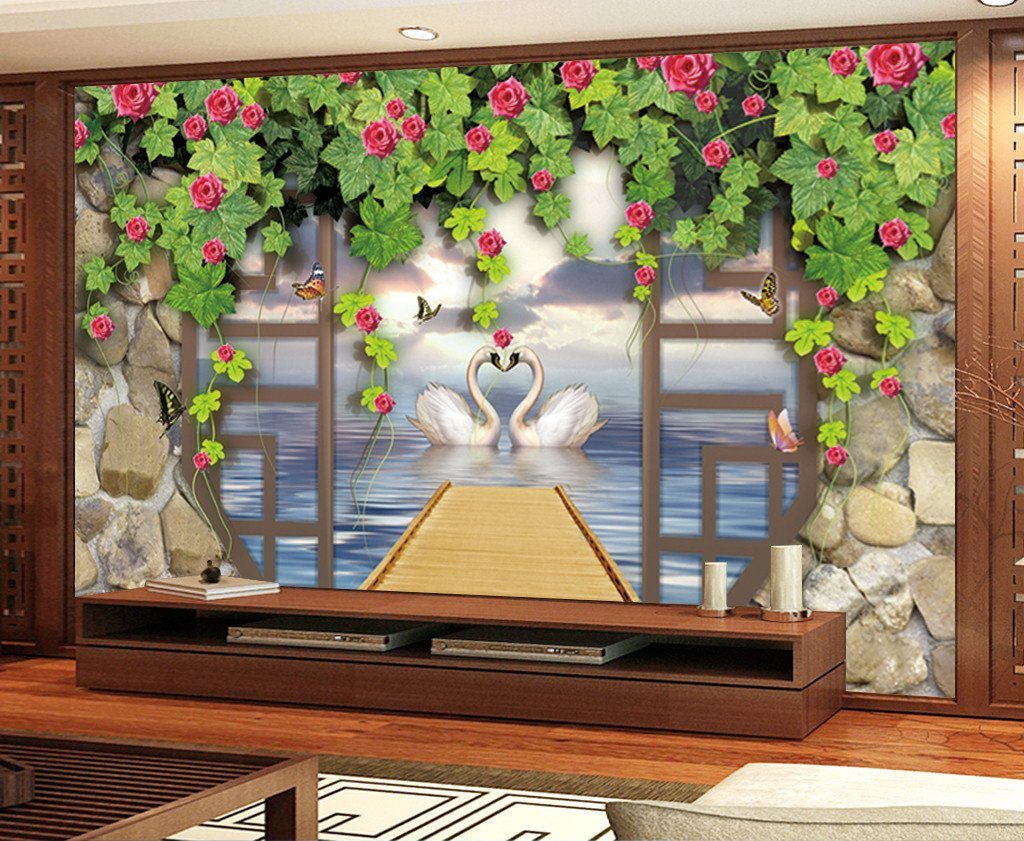 3D Swan Lake Flower Vines 872 Wallpaper AJ Wallpapers 